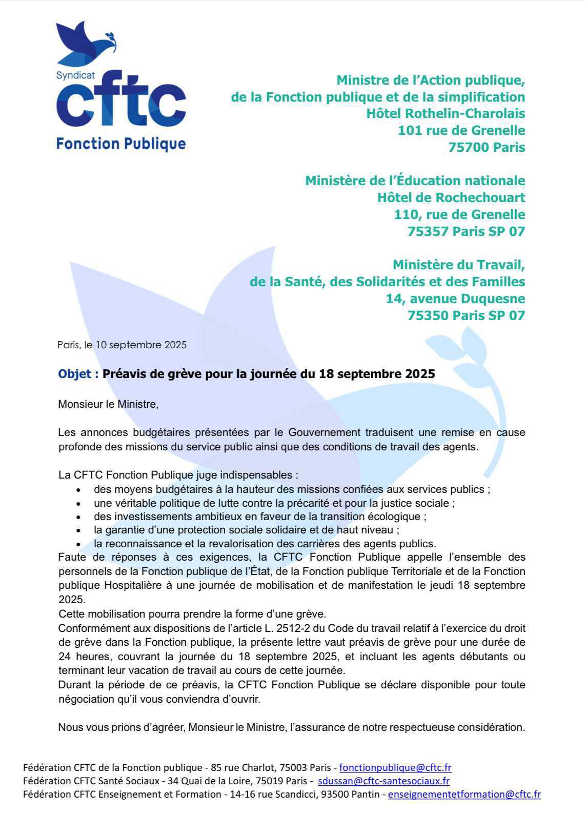 Préavis de grève pour le 18 septembre