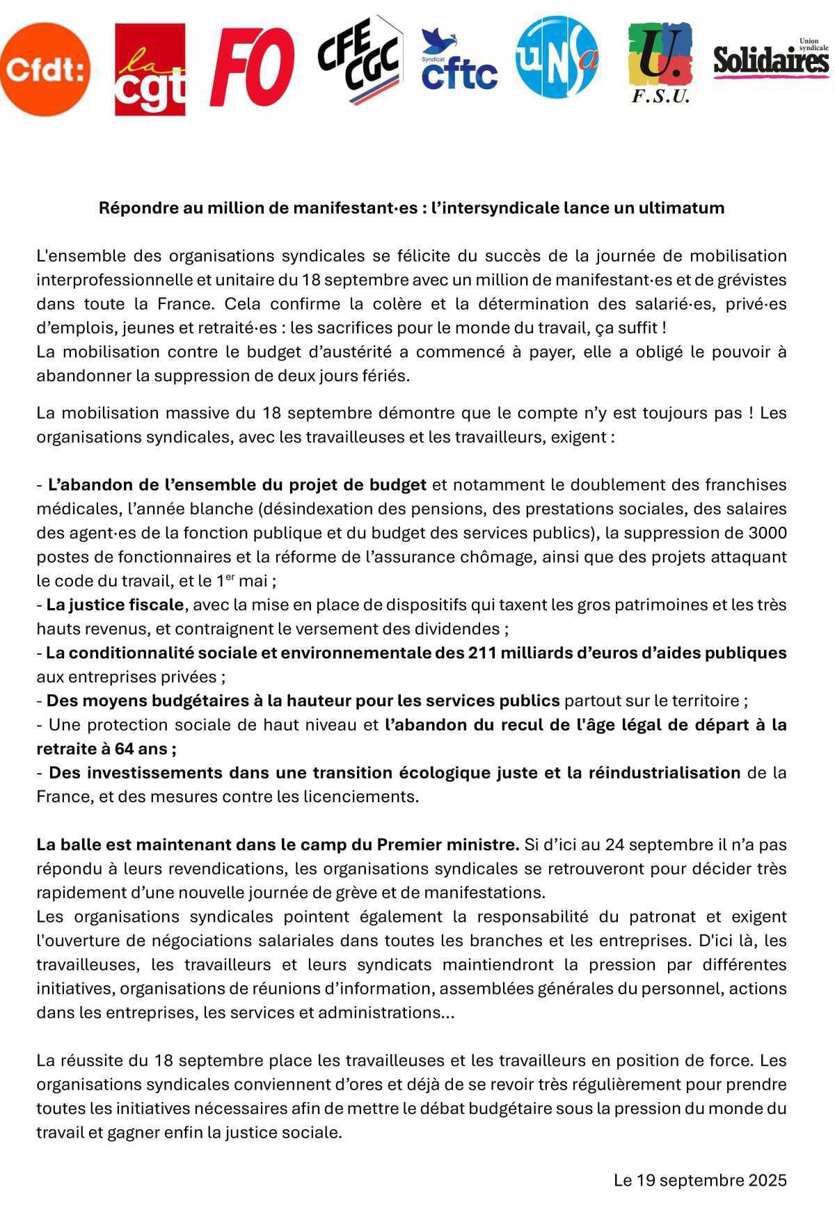Suite à la grève du 18 septembre, l'intersyndicale lance un ultimatum... Suite à la grève du 18 septembre, l'intersyndicale lance un ultimatum...