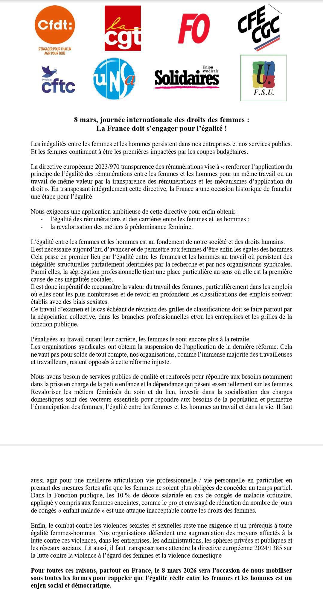 8 mars, journée internationale des droits des femmes : La France doit s’engager pour l’égalité ! 8 mars, journée internationale des droits des femmes : La France doit s’engager pour l’égalité !