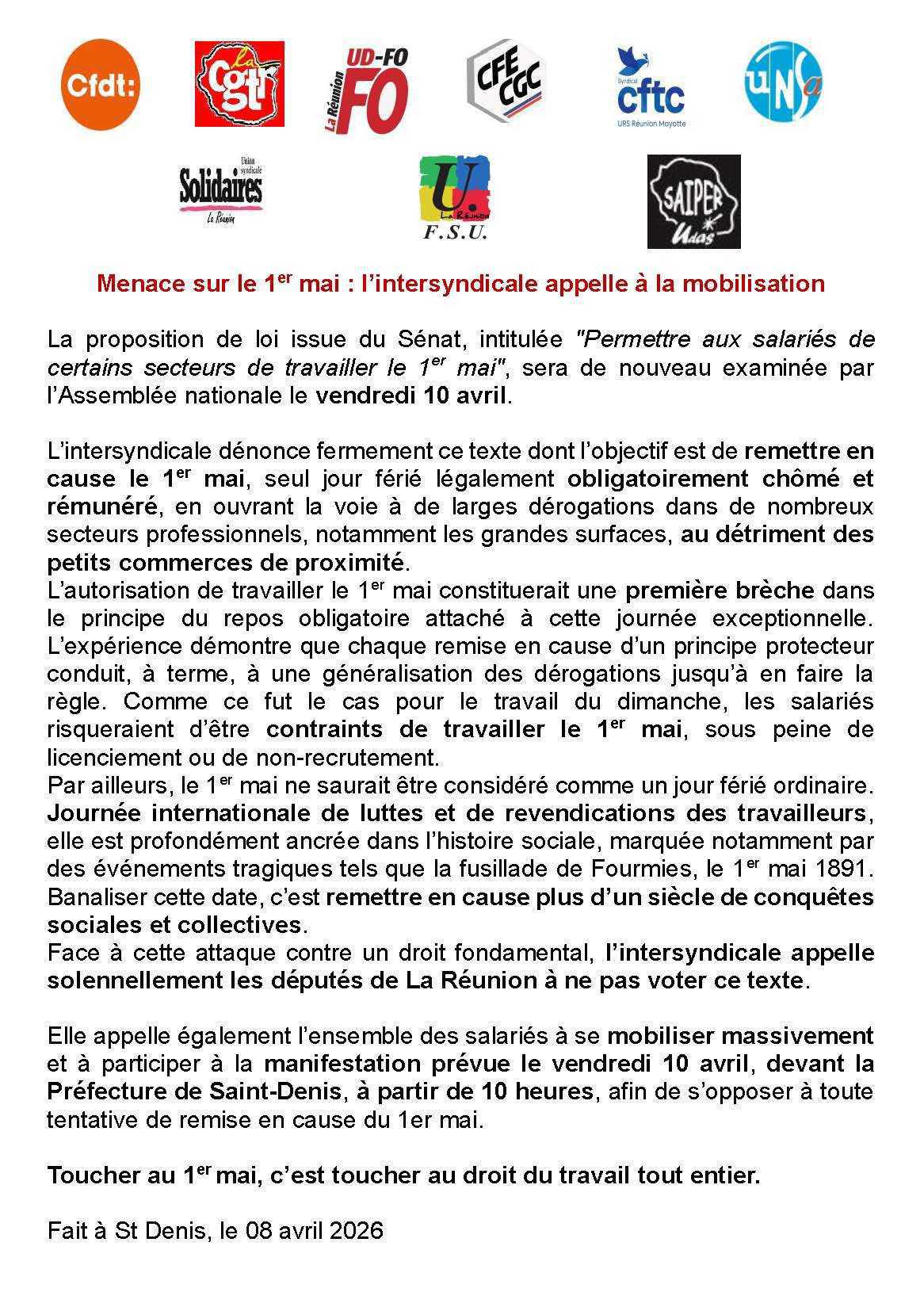 Menace sur le 1er mai : l’intersyndicale appelle à la mobilisation