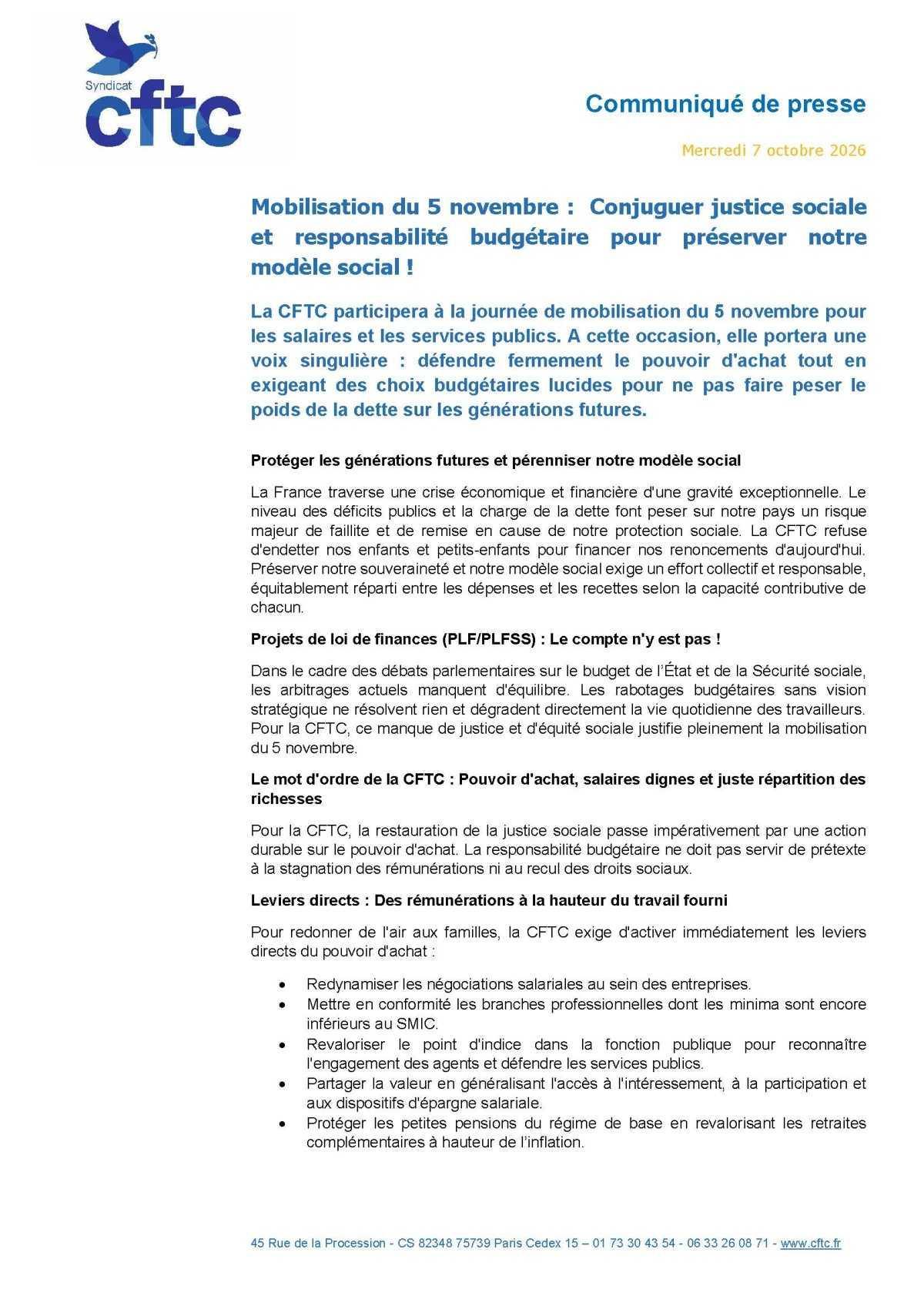 Communiqué de presse de la CFTC - Mobilisation du 5 novembre : Conjuguer justice sociale et responsabilité budgétaire pour préserver notre modèle social !