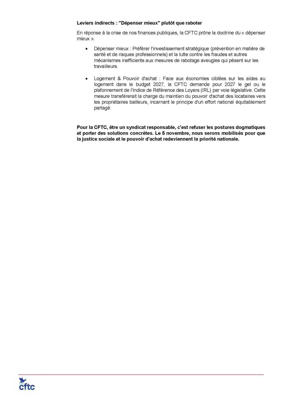 Communiqué de presse de la CFTC - Mobilisation du 5 novembre : Conjuguer justice sociale et responsabilité budgétaire pour préserver notre modèle social ! Communiqué de presse de la CFTC - Mobilisation du 5 novembre : Conjuguer justice sociale et responsabilité budgétaire pour préserver notre modèle social !