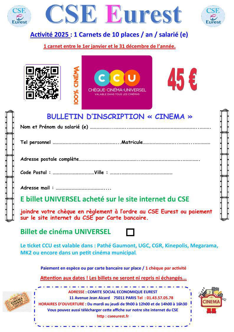 Bulletin d'inscription " Cinéma " Bulletin d'inscription " Cinéma "