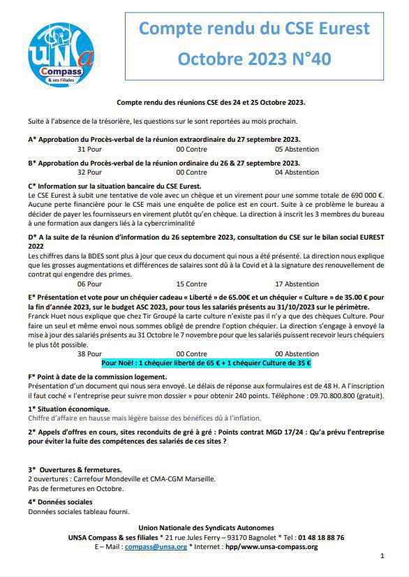 Compte rendu du CSE d'Octobre 2023