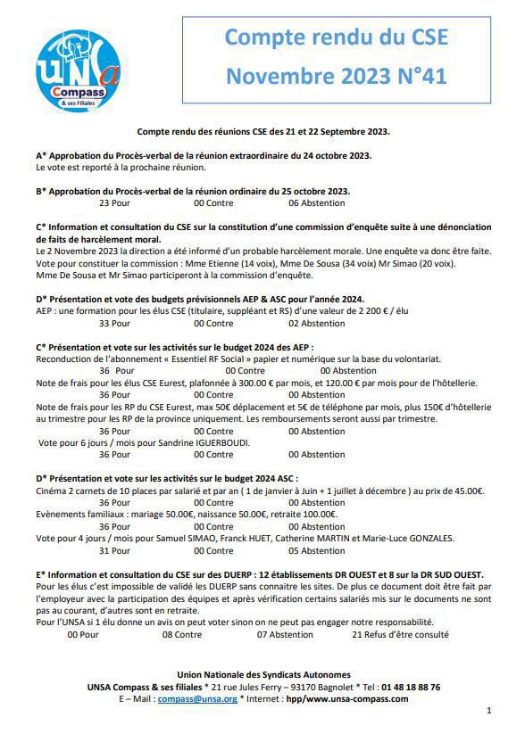 Compte rendu du CSE de Novembre 2023