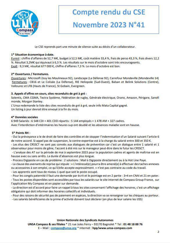 Compte rendu du CSE de Novembre 2023