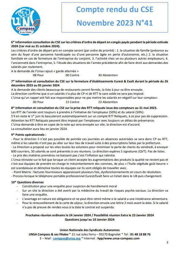 Compte rendu du CSE de Novembre 2023