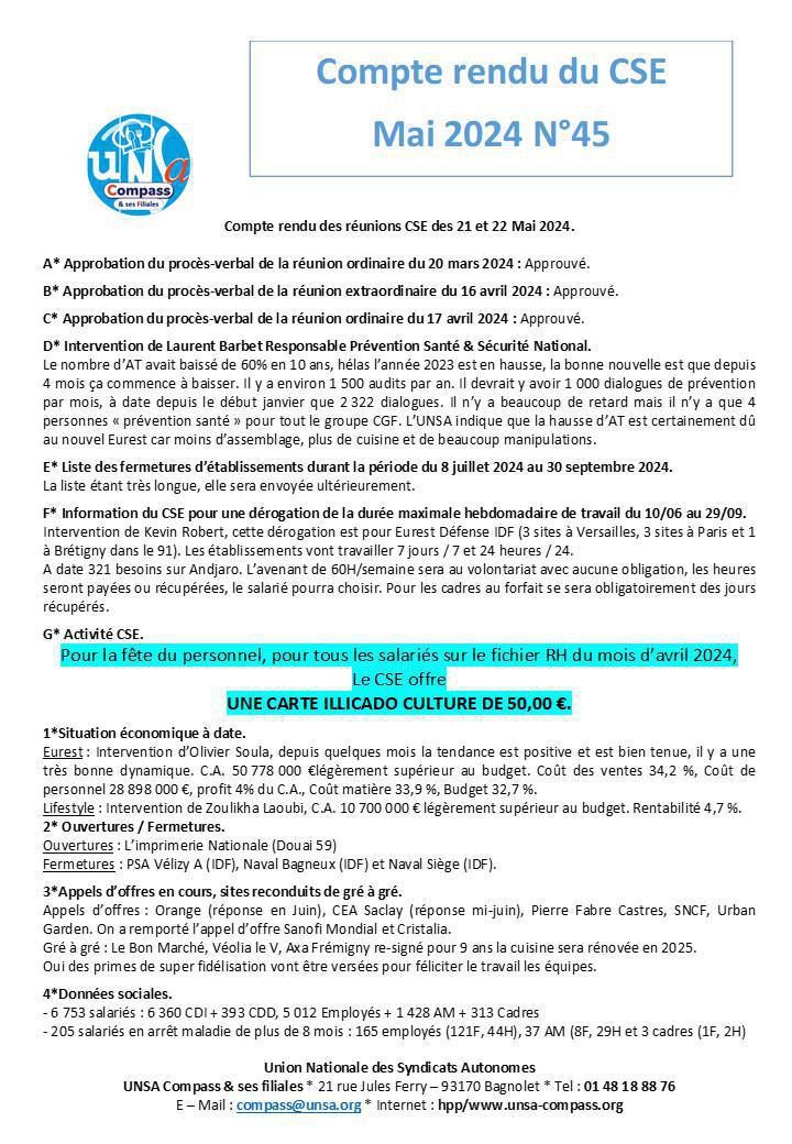 Compte rendu du CSE de Mai 2024