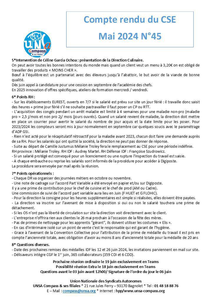Compte rendu du CSE de Mai 2024