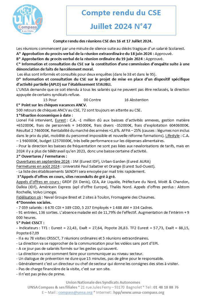 Compte rendu des CSE de Juillet 2024