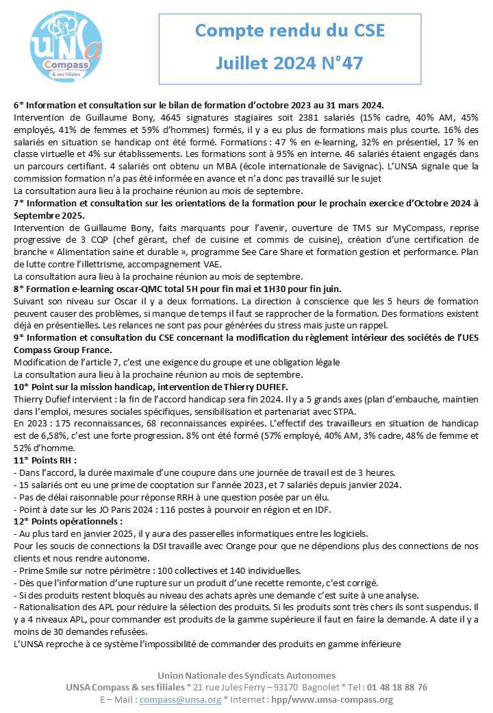 Compte rendu des CSE de Juillet 2024