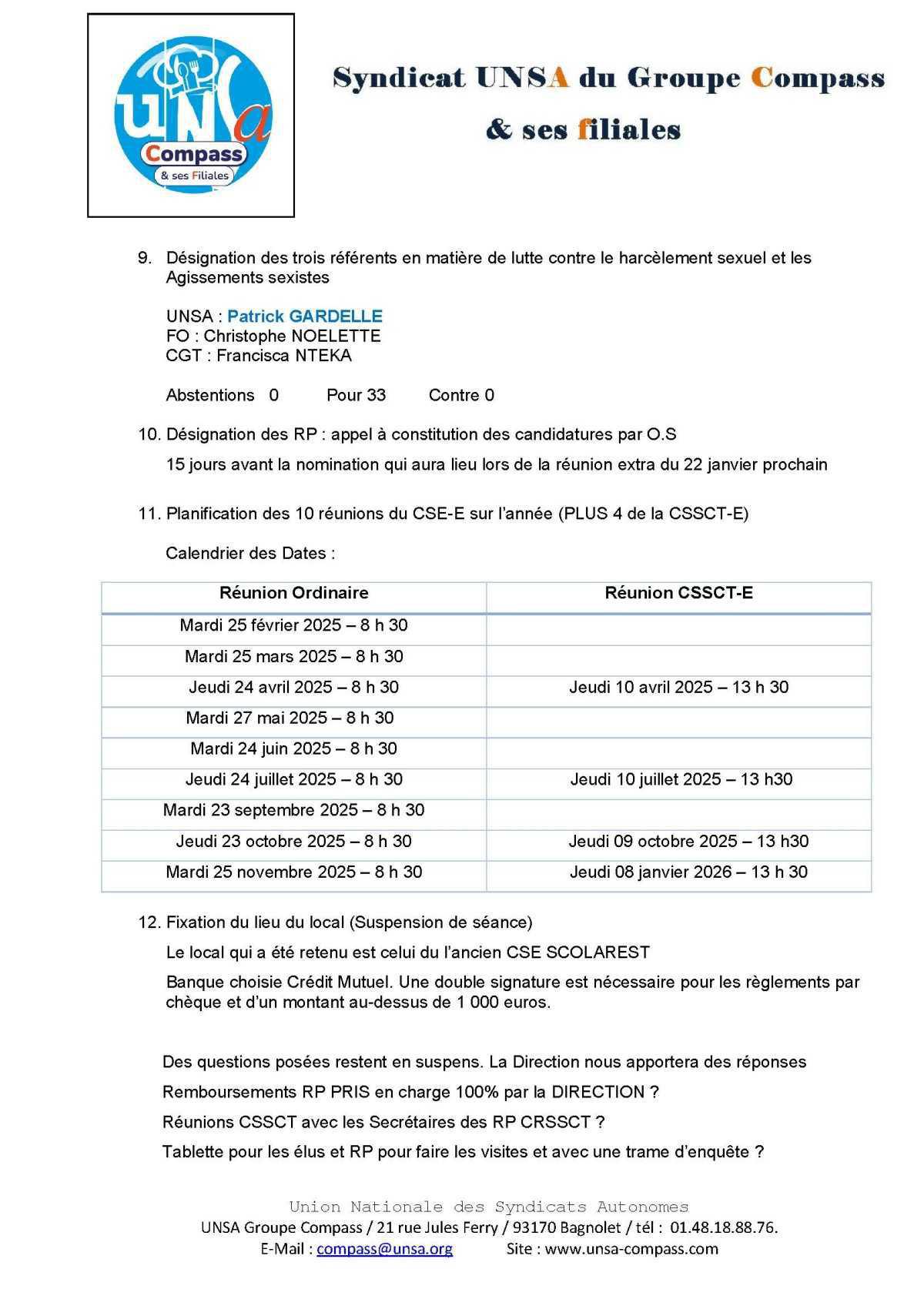 LETTRE D'informations du 8 Janvier 2025 CSE Médirest/Scolarest