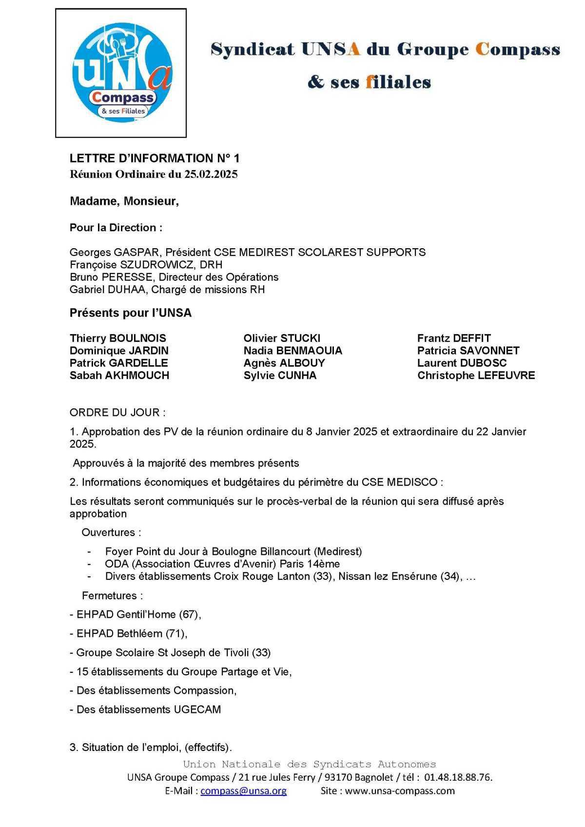 LETTRE D'informations du 25 Février 2025 CSE Médirest/Scolarest