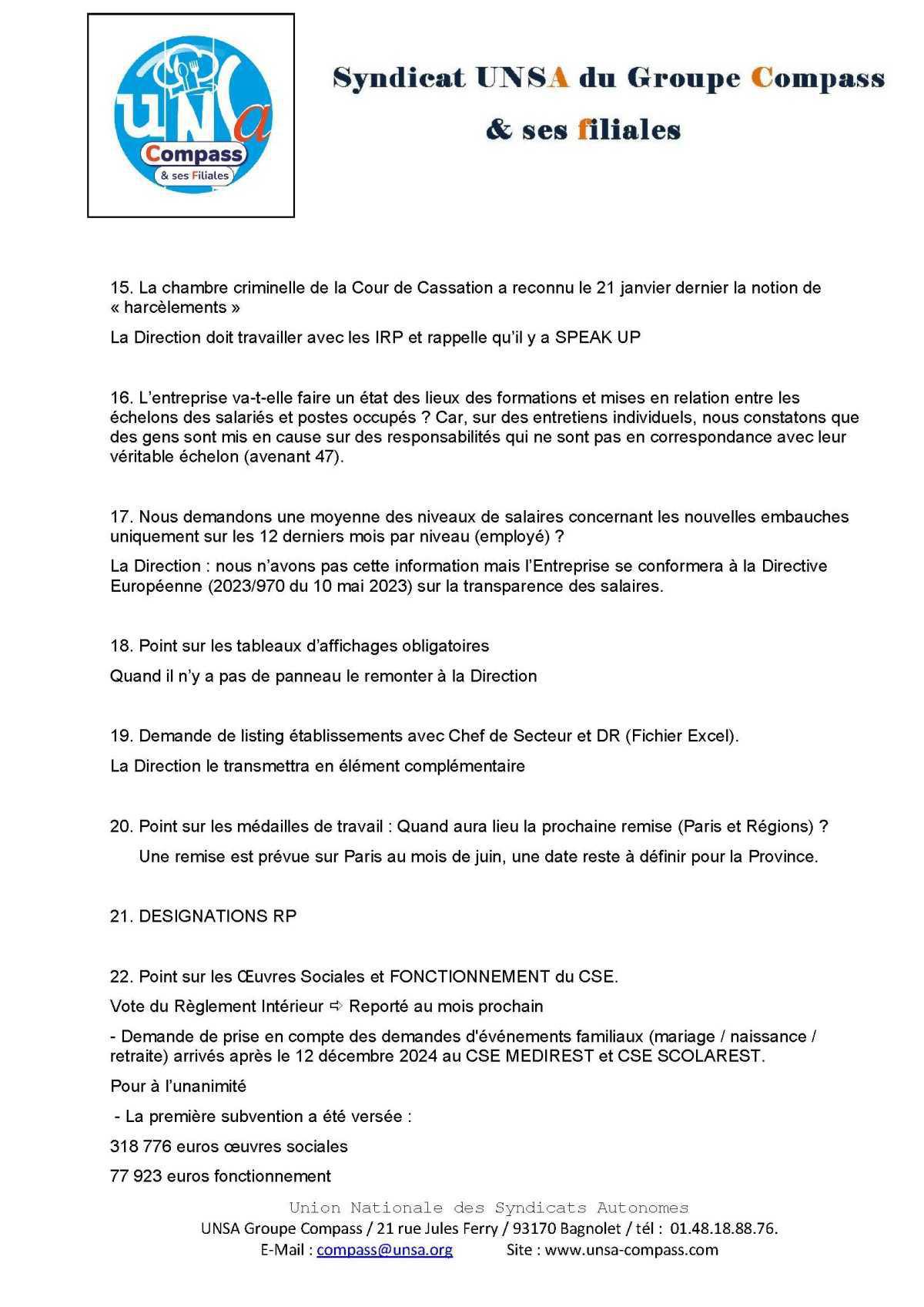 LETTRE D'informations du 25 Février 2025 CSE Médirest/Scolarest