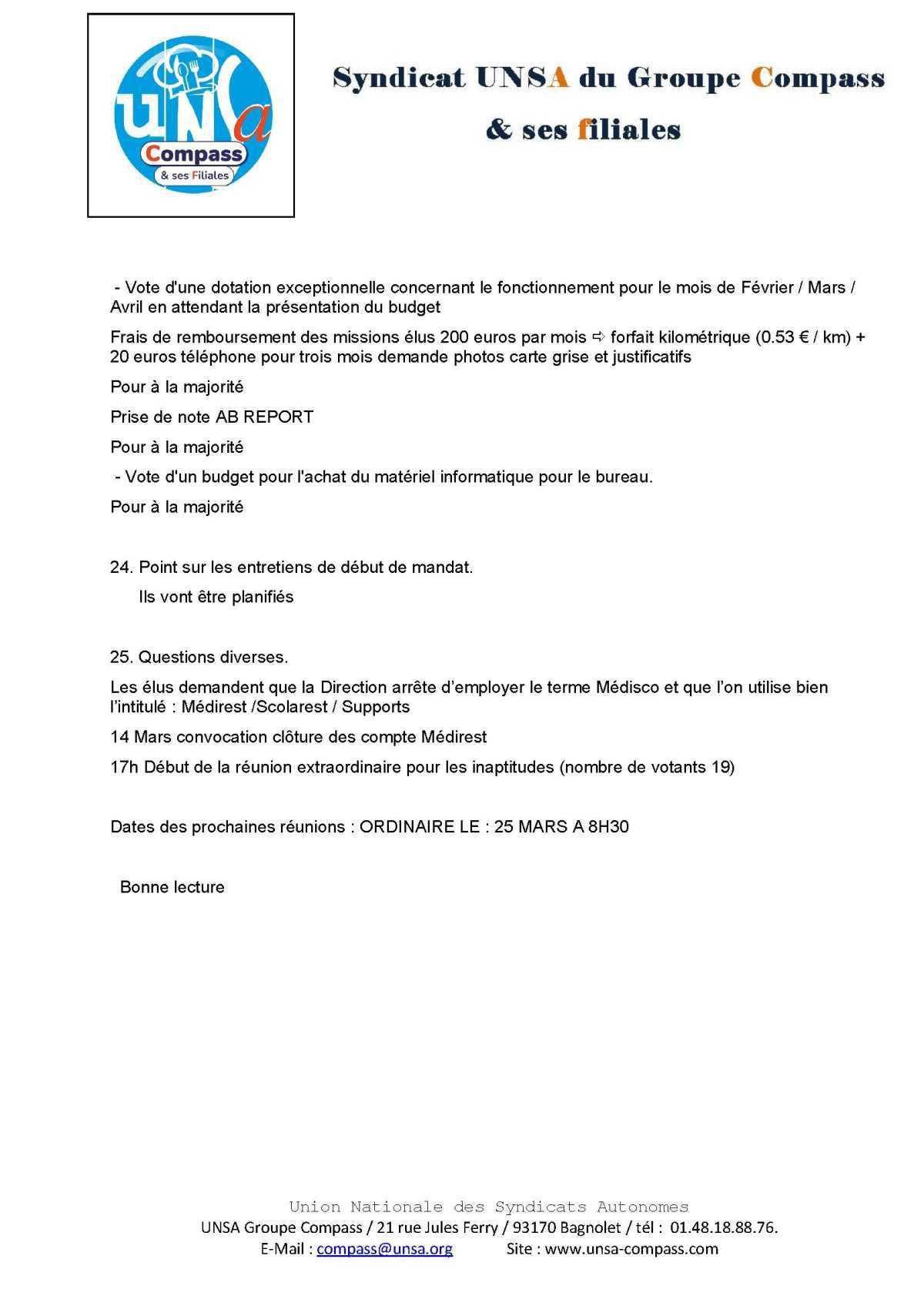 LETTRE D'informations du 25 Février 2025 CSE Médirest/Scolarest