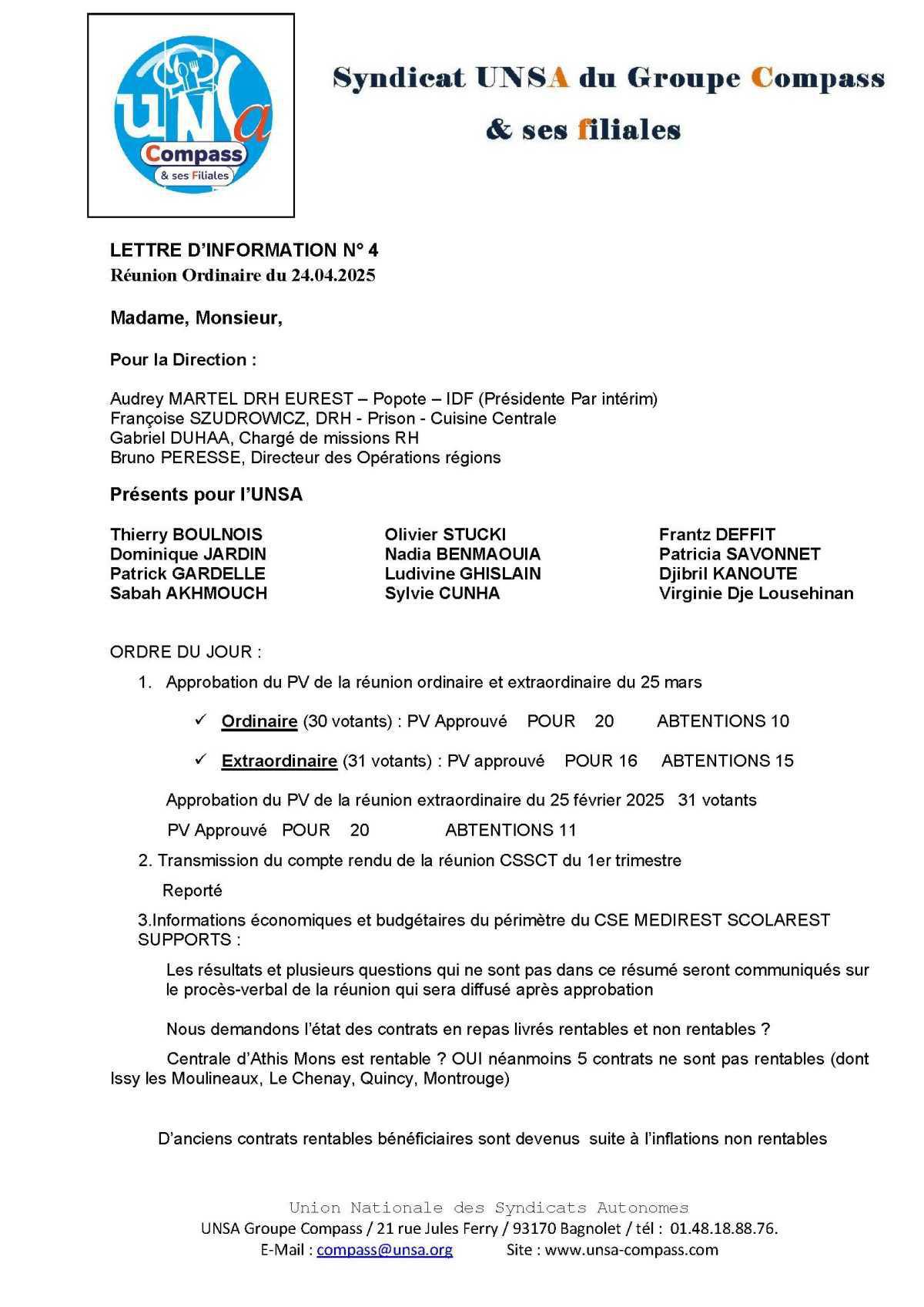 LETTRE D'informations du 24 Avril 2025 CSE Médirest/Scolarest