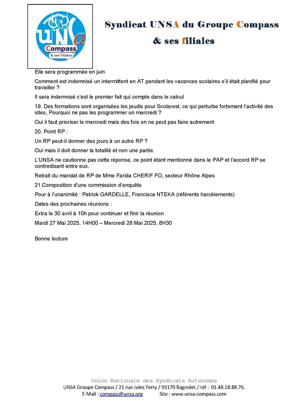 LETTRE D'informations du 24 Avril 2025 CSE Médirest/Scolarest
