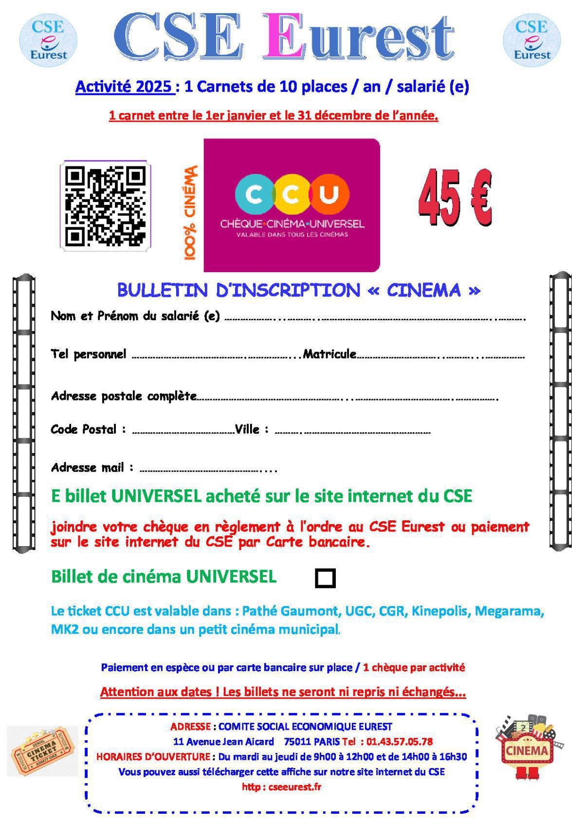 Bulletin d'inscription " Cinéma "