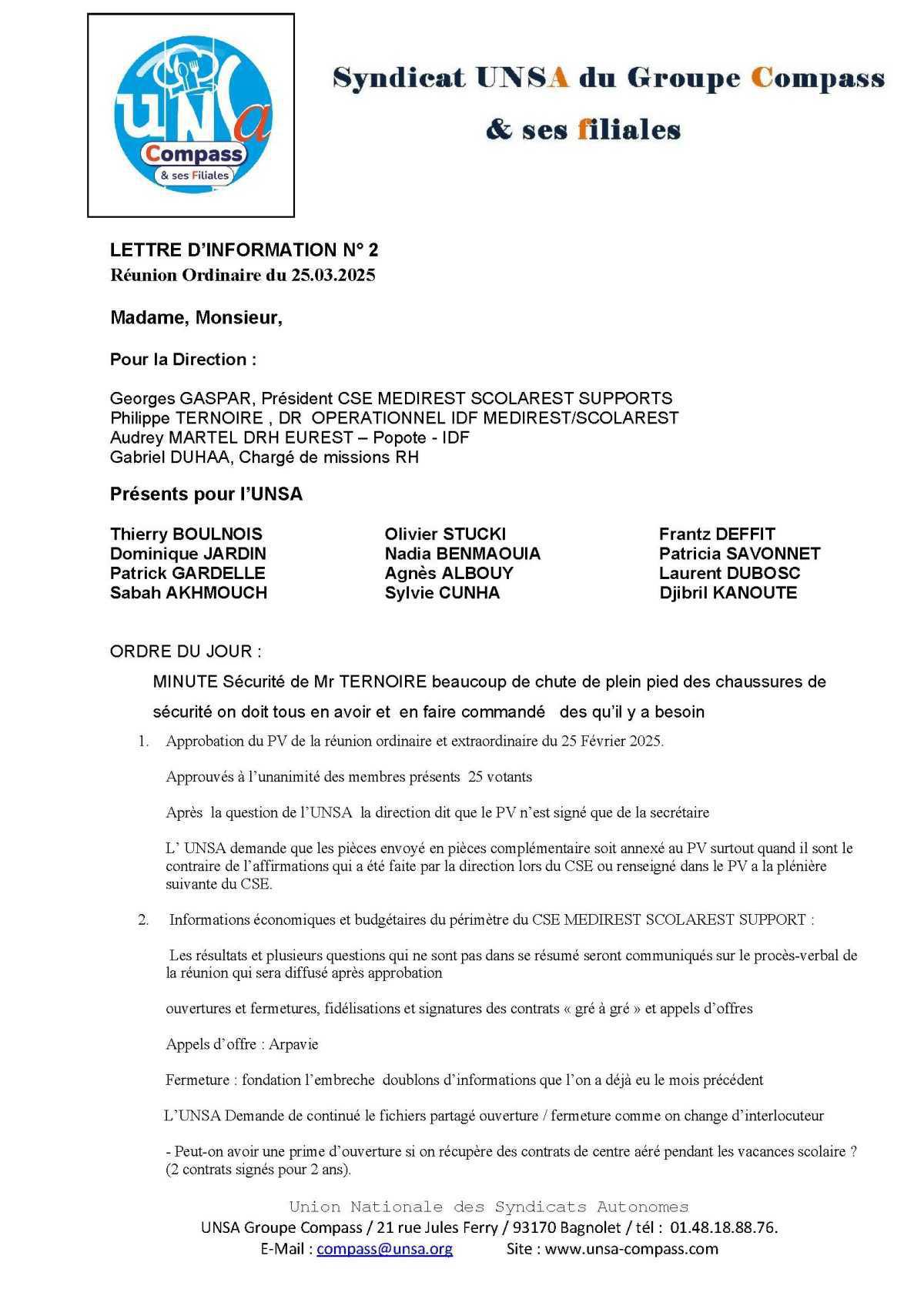 LETTRE D'informations du 25 Mars 2025 CSE Médirest/Scolarest