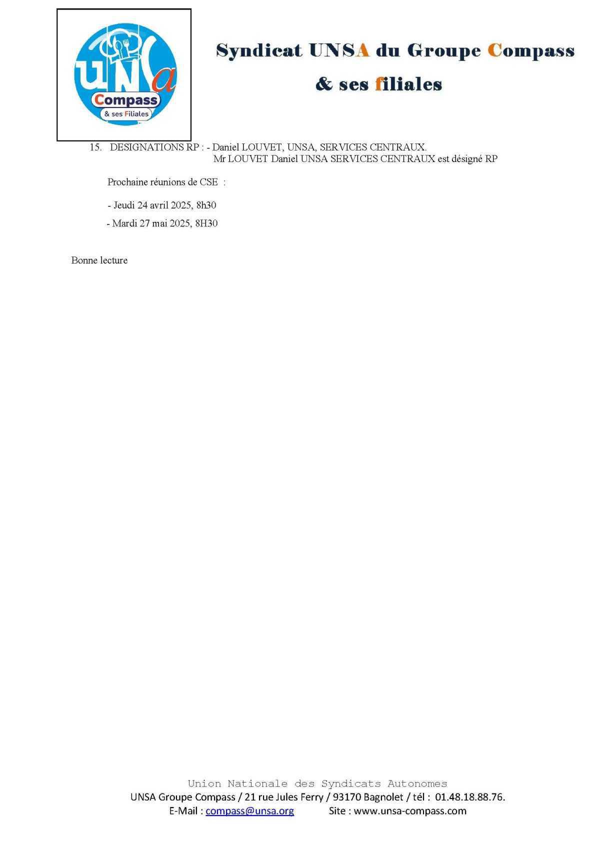 LETTRE D'informations du 25 Mars 2025 CSE Médirest/Scolarest