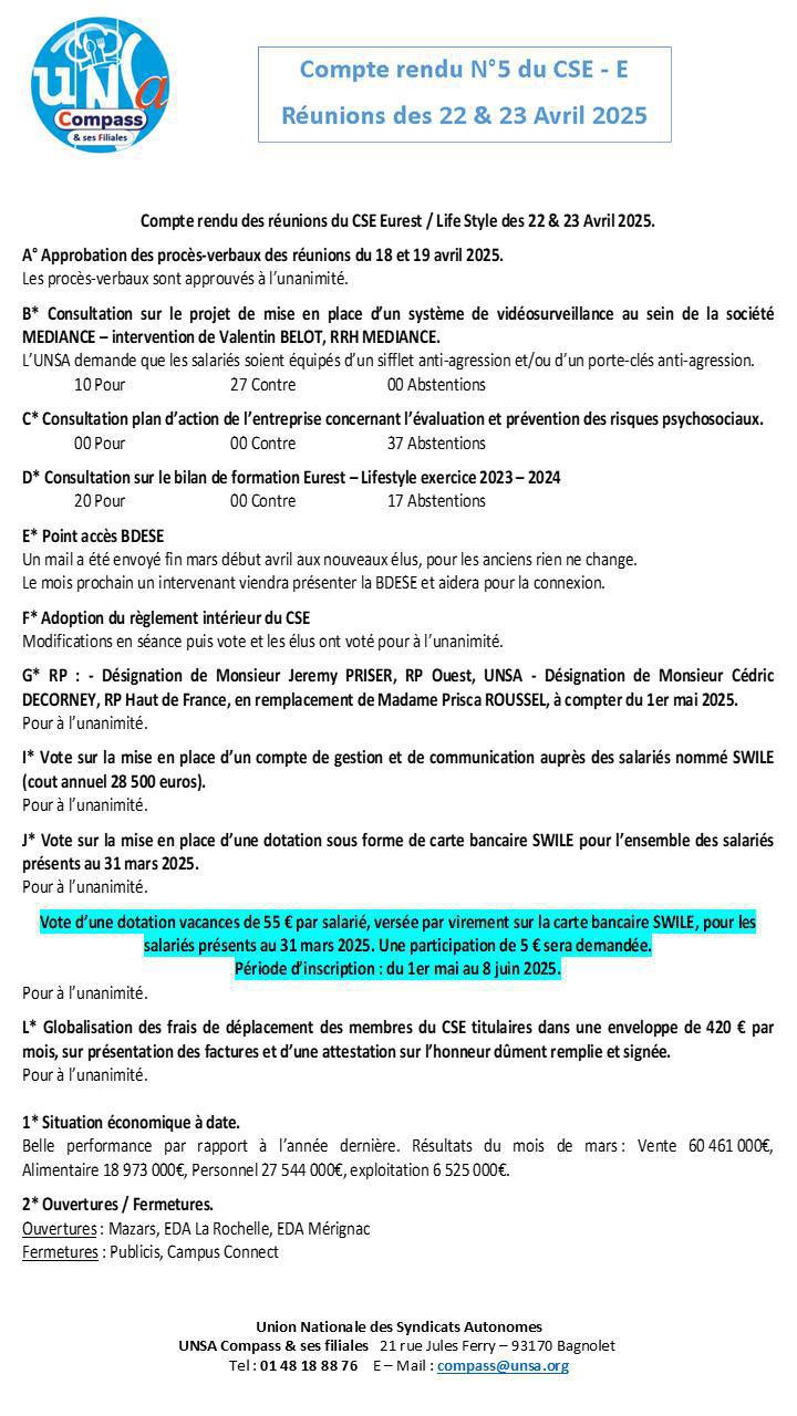 Compte rendu des CSE-E des 22 et 23 Avril 2025