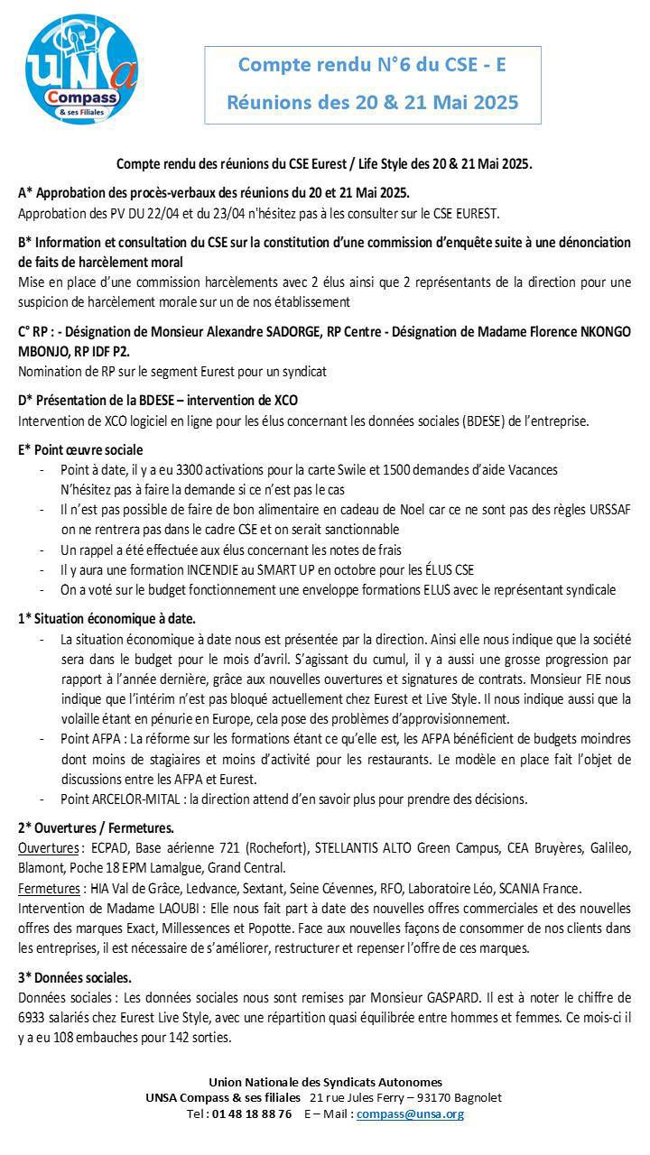 Compte rendu des CSE-E des 20 et 21 Mai 2025
