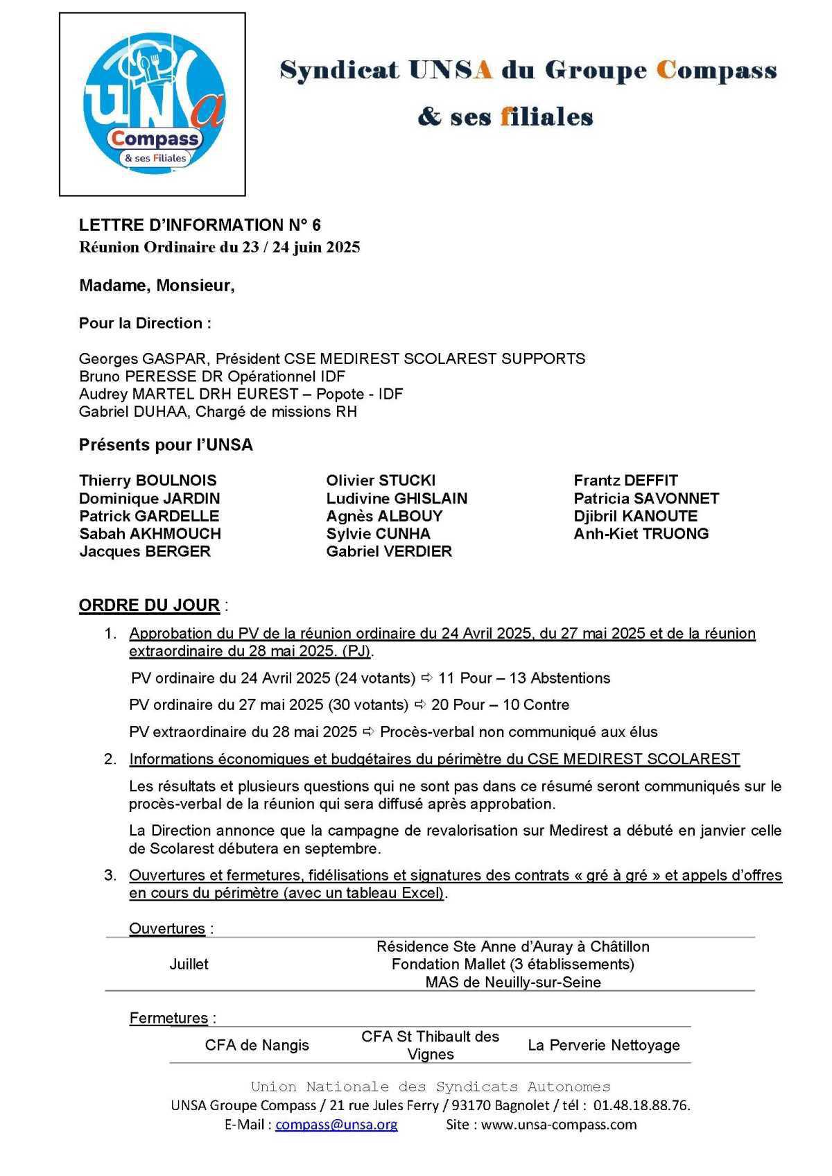 LETTRE D'informations du 23.24 Juin 2025 CSE Médirest/Scolarest