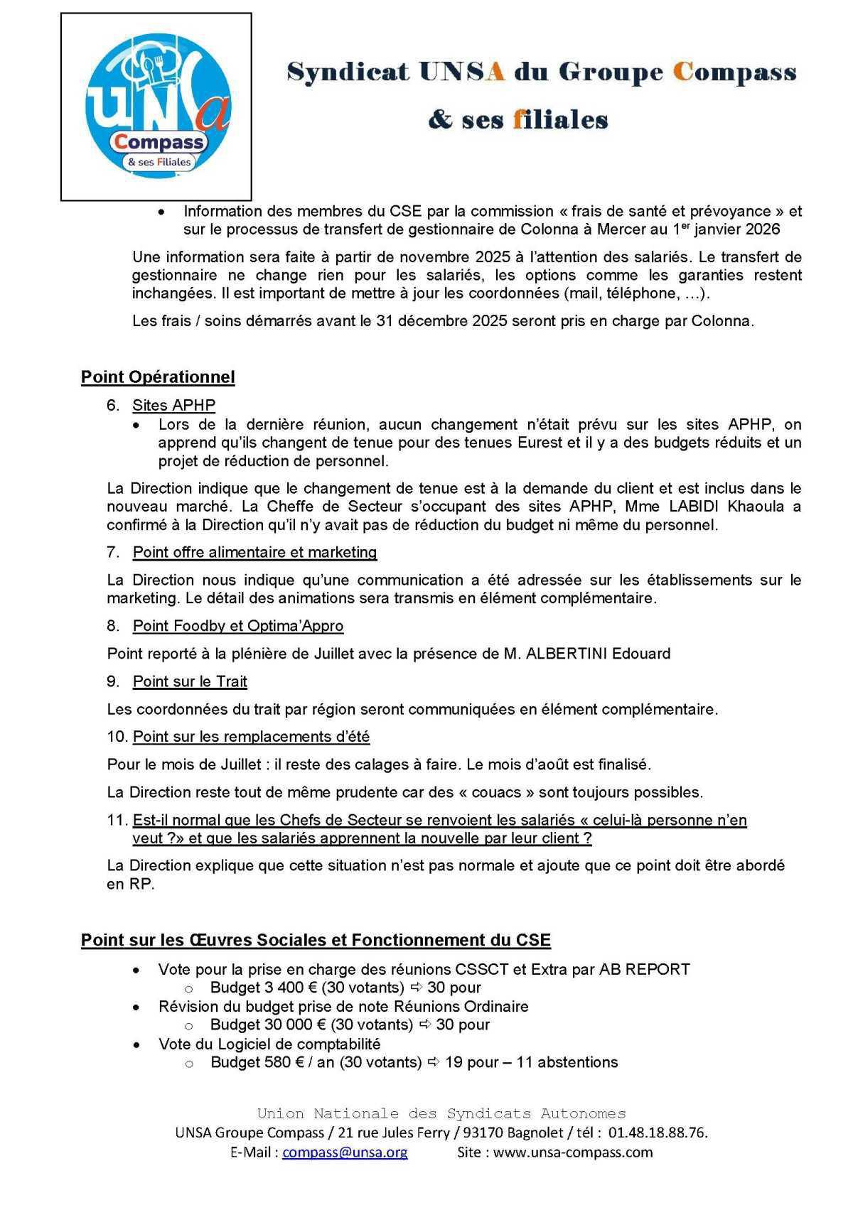 LETTRE D'informations du 23.24 Juin 2025 CSE Médirest/Scolarest