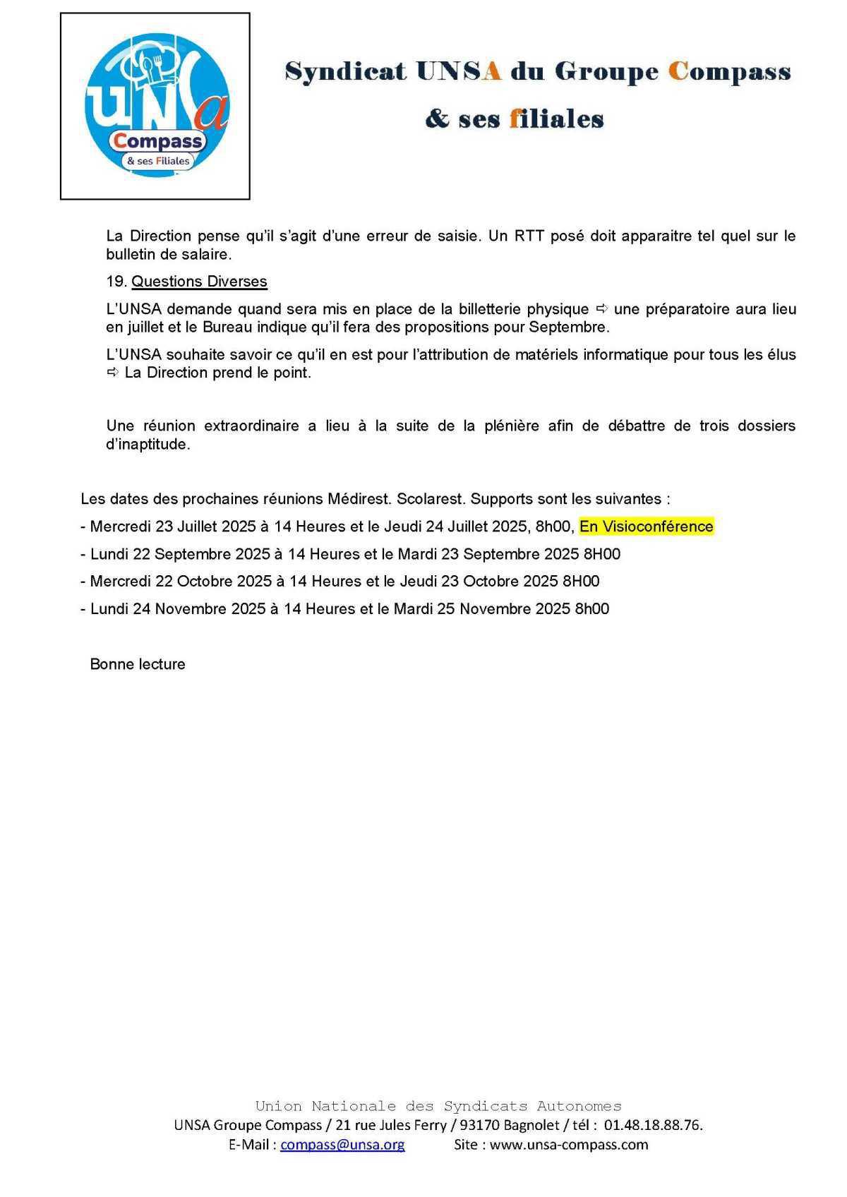 LETTRE D'informations du 23.24 Juin 2025 CSE Médirest/Scolarest