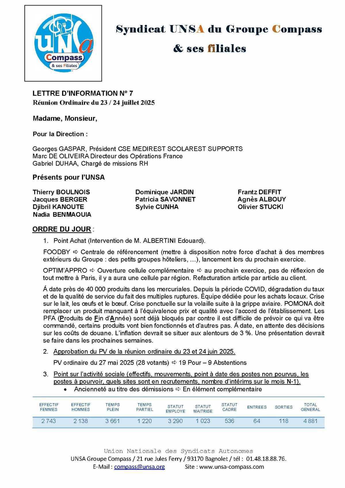 LETTRE D'informations du 23.24 Juillet 2025 CSE Médirest/Scolarest