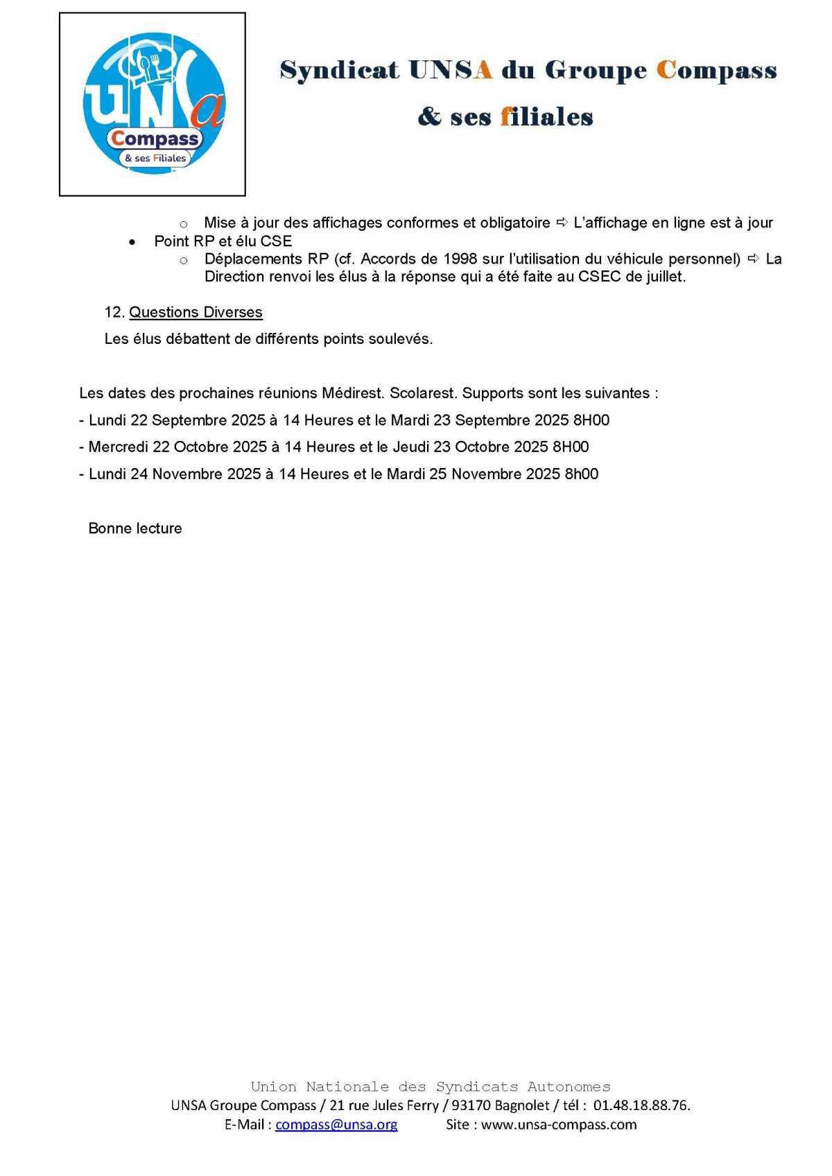 LETTRE D'informations du 23.24 Juillet 2025 CSE Médirest/Scolarest