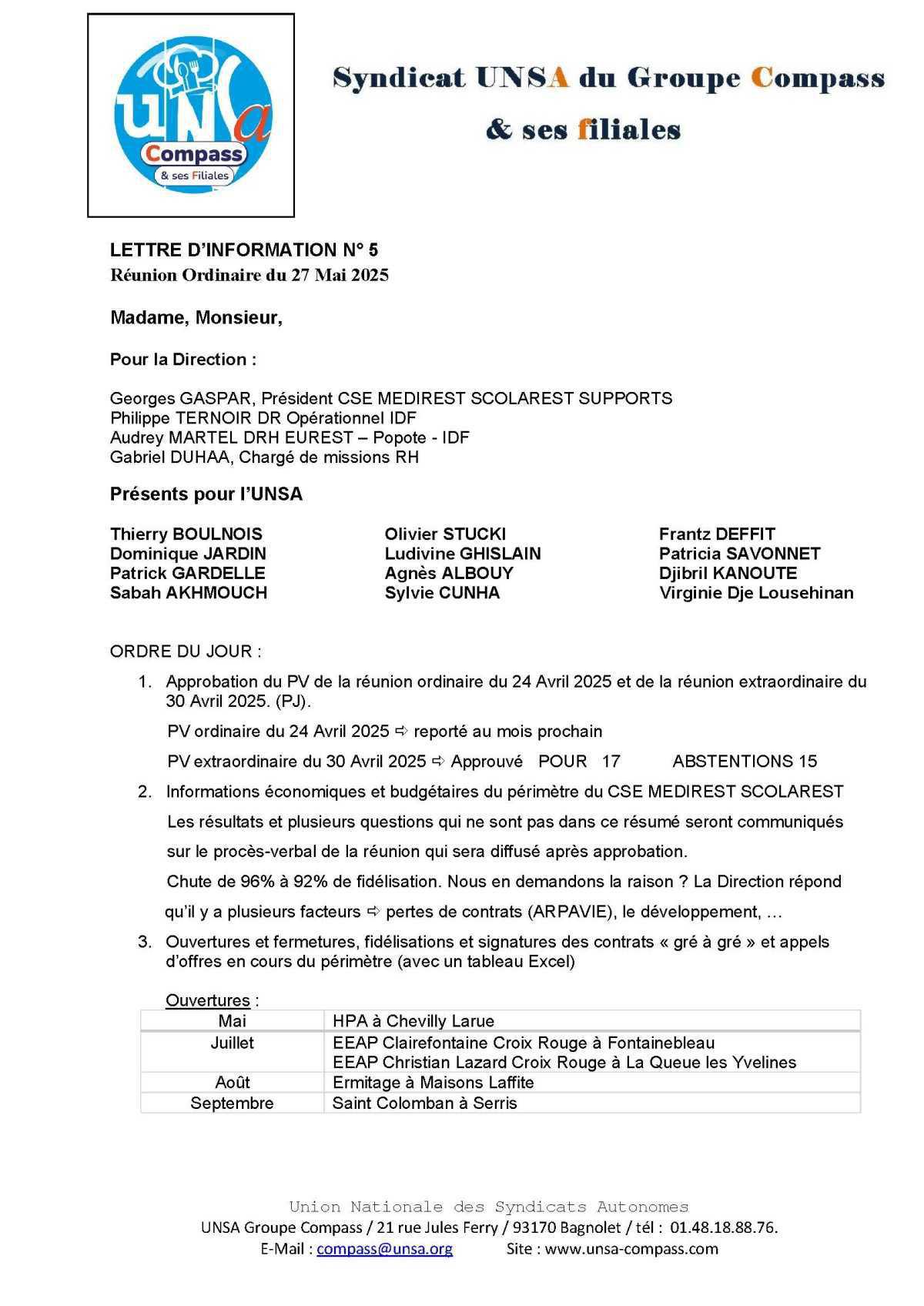 LETTRE D'informations du 27 Mai 2025 CSE Médirest/Scolarest