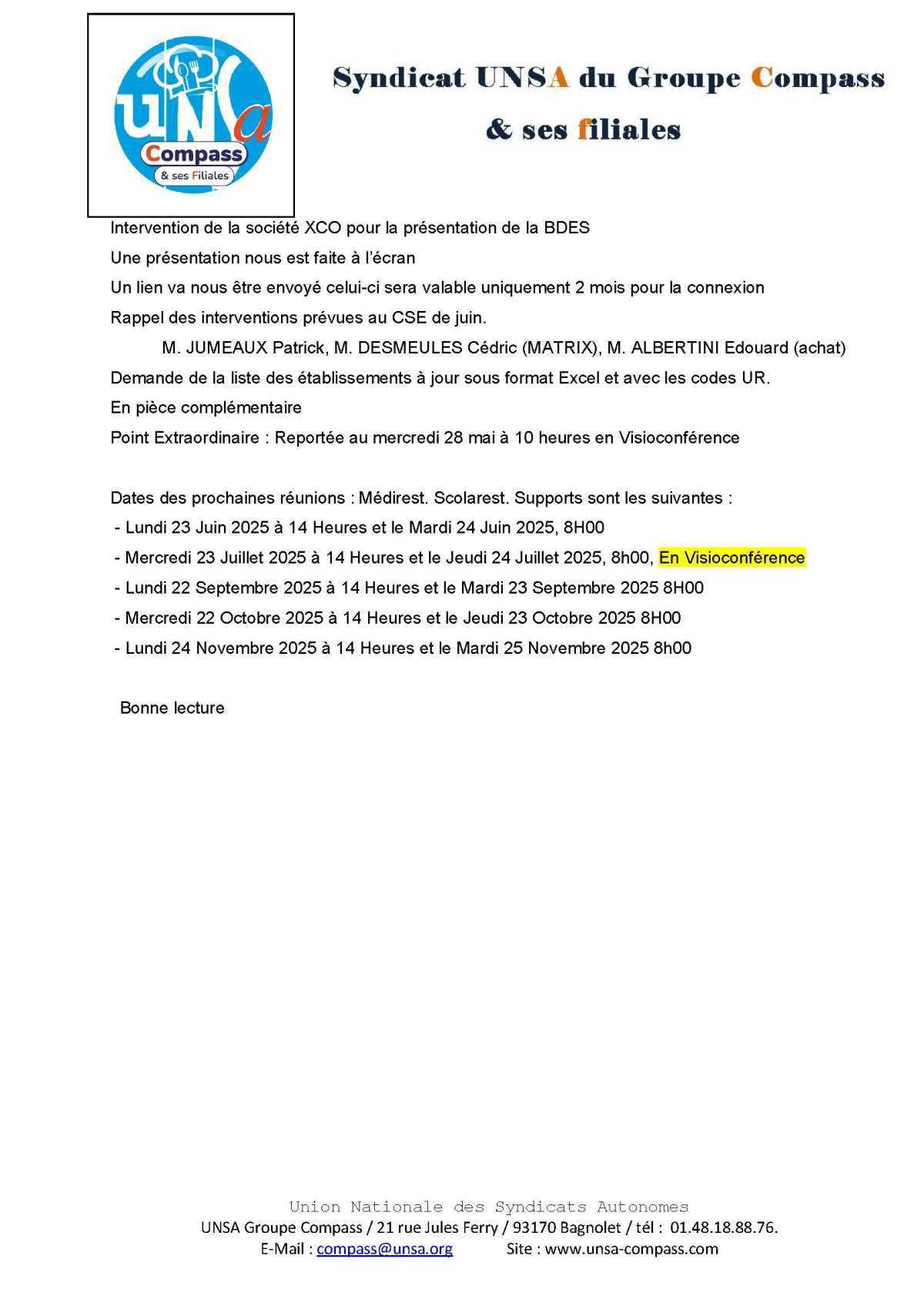 LETTRE D'informations du 27 Mai 2025 CSE Médirest/Scolarest