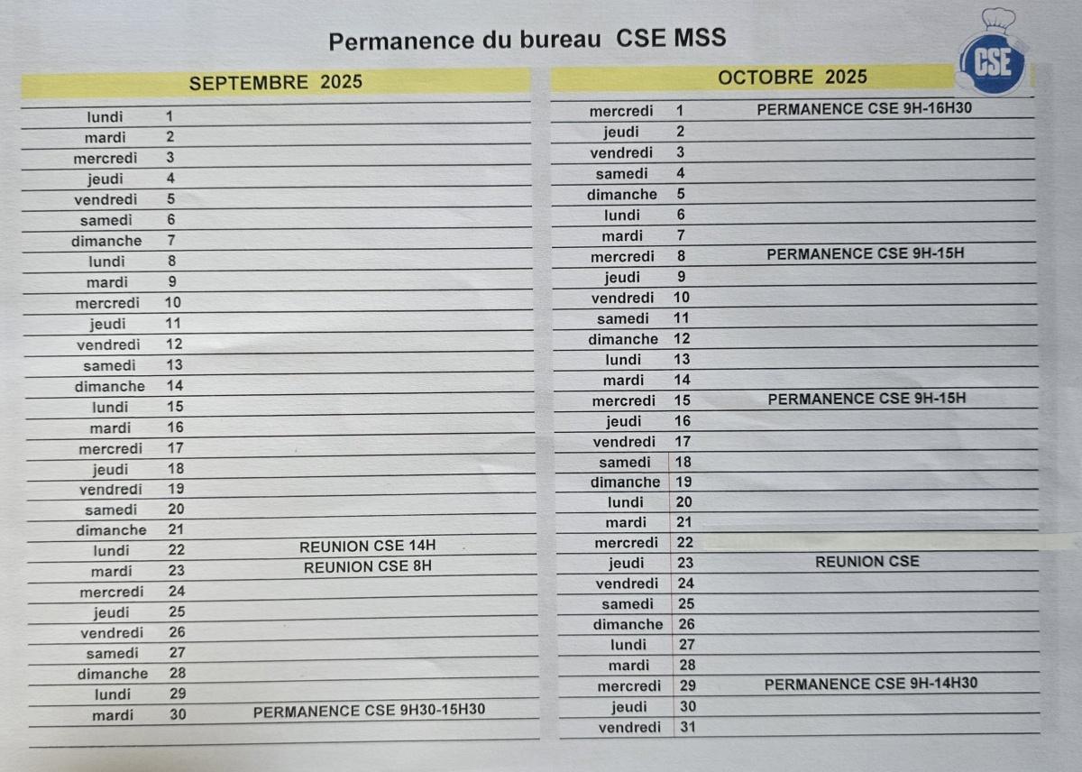 Permanence CSE Sept/Oct 2025 au 7 Square de Chatillon,75014 PARIS