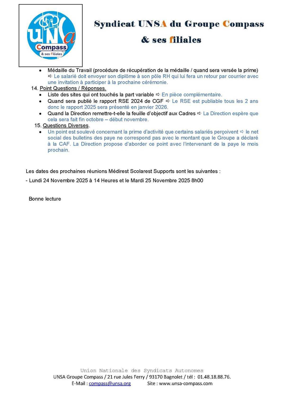 LETTRE D'informations du 22.23 Octobre 2025 CSE Médirest/Scolarest