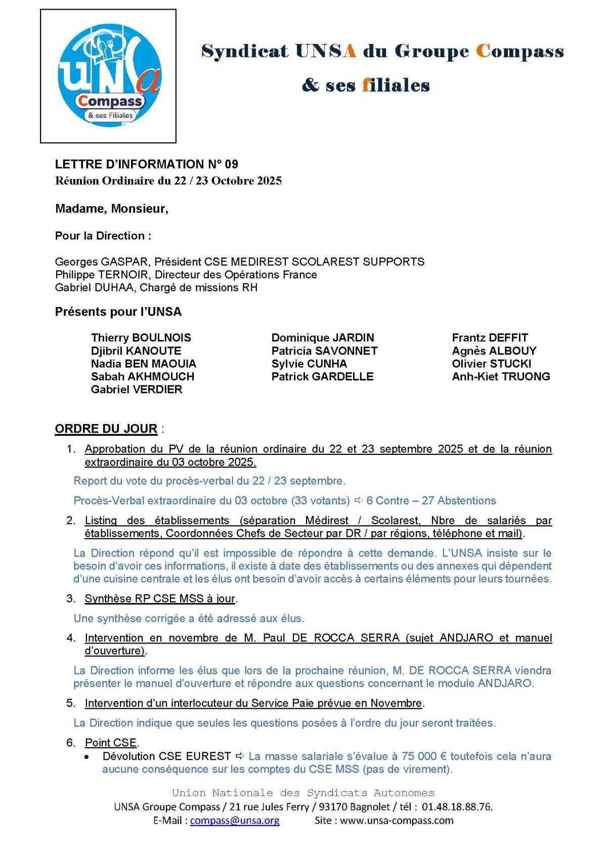 LETTRE D'informations du 22.23 Octobre 2025 CSE Médirest/Scolarest