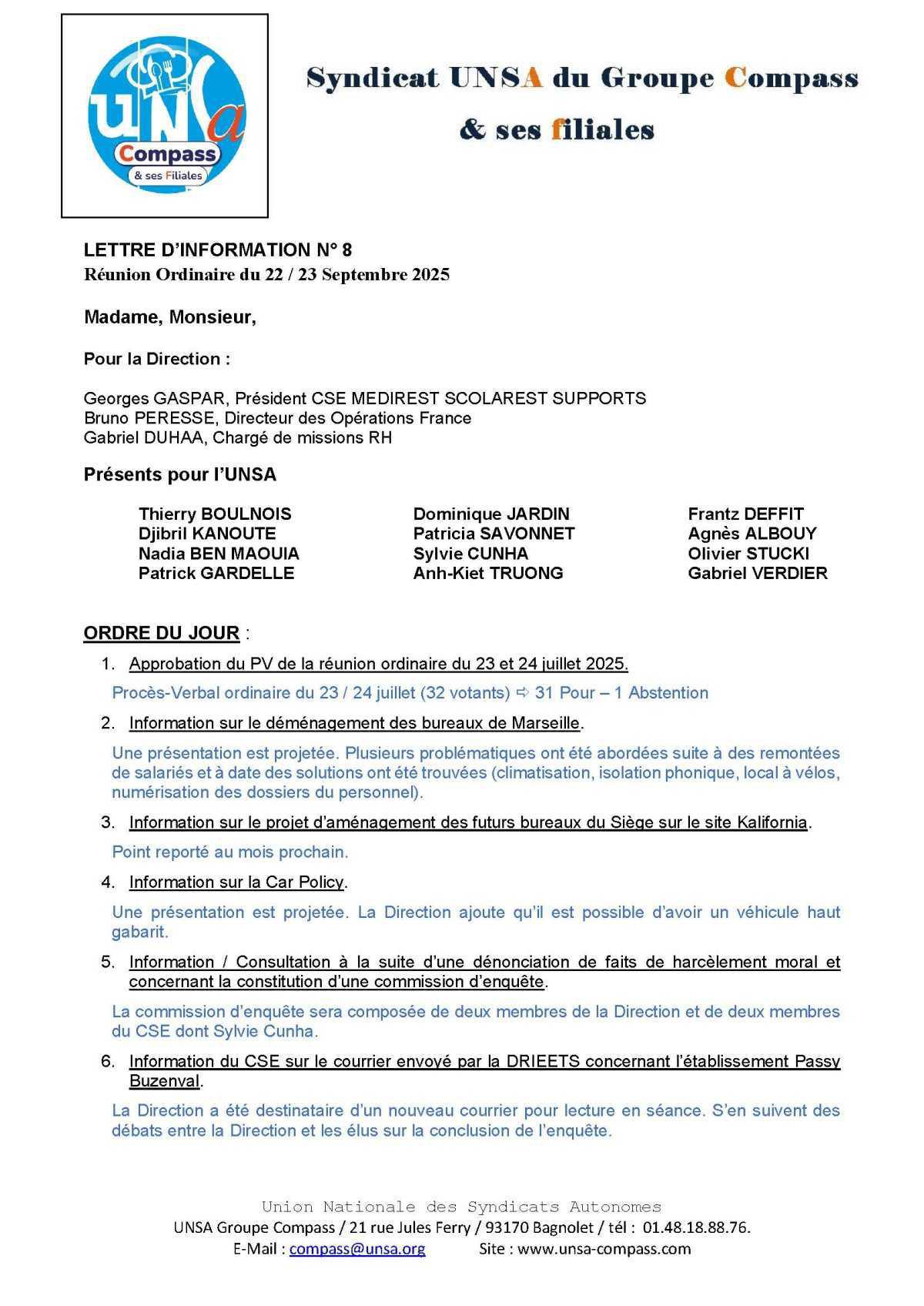 LETTRE D'informations du 22.23 Septembre 2025 CSE Médirest/Scolarest