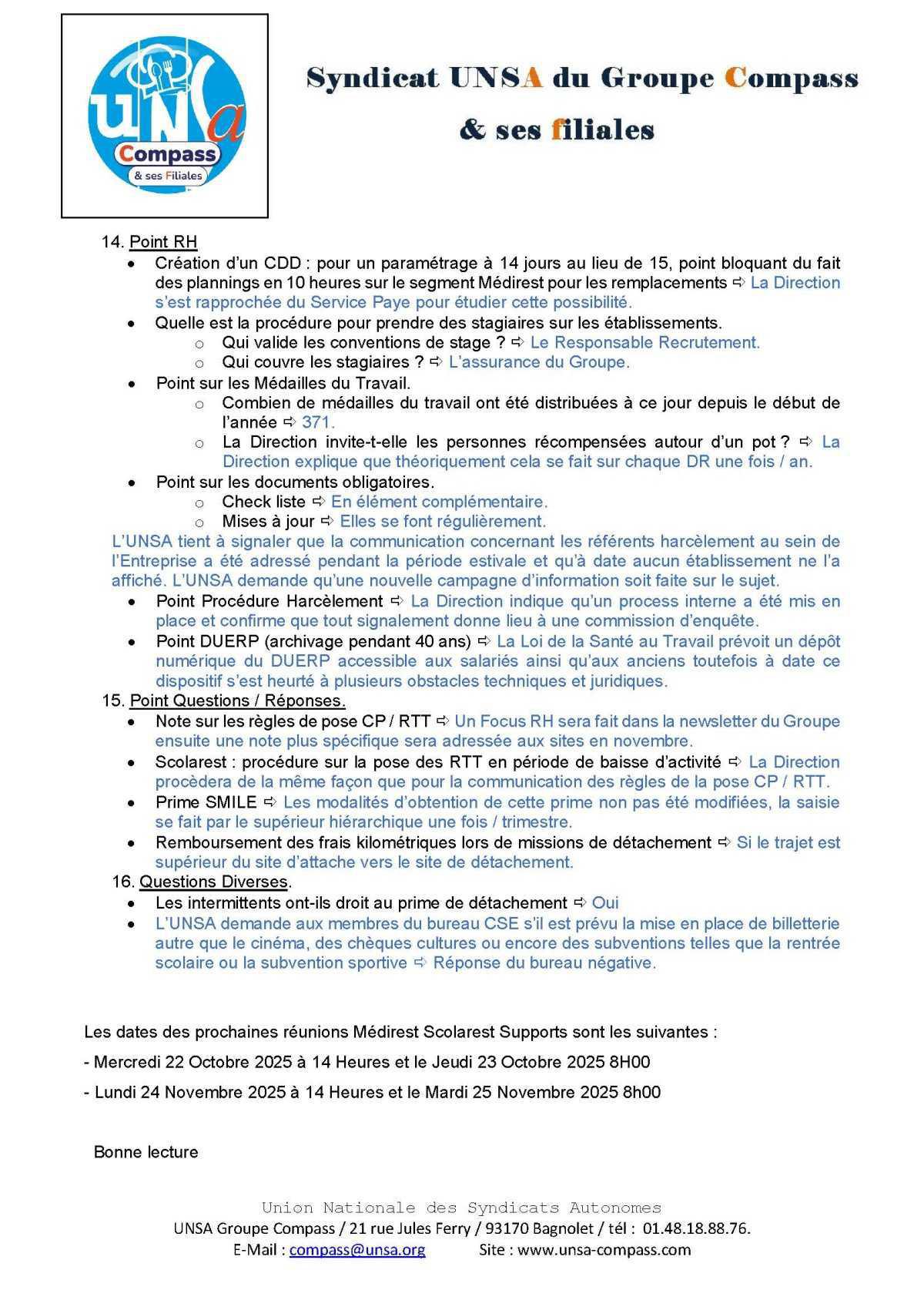 LETTRE D'informations du 22.23 Septembre 2025 CSE Médirest/Scolarest