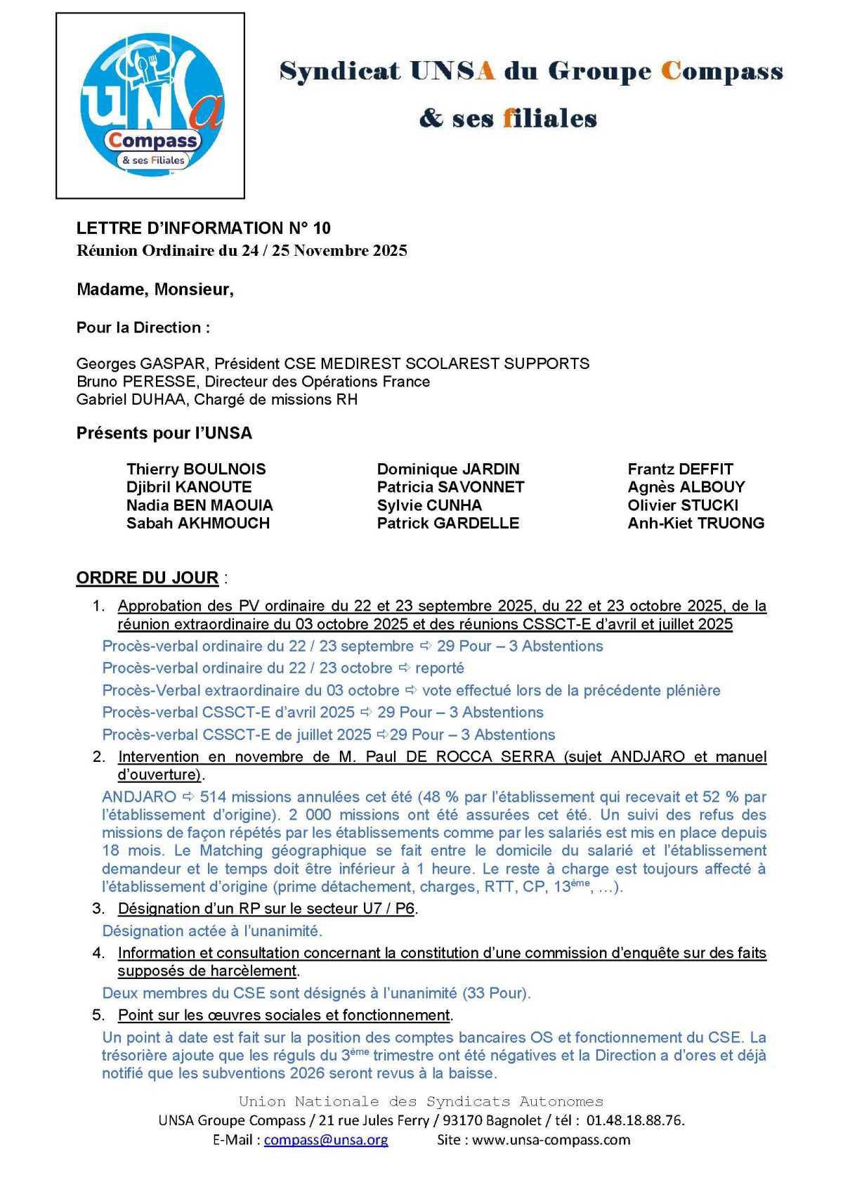 LETTRE D'informations du 24 . 25 Novembre 2025 CSE Médirest/Scolarest