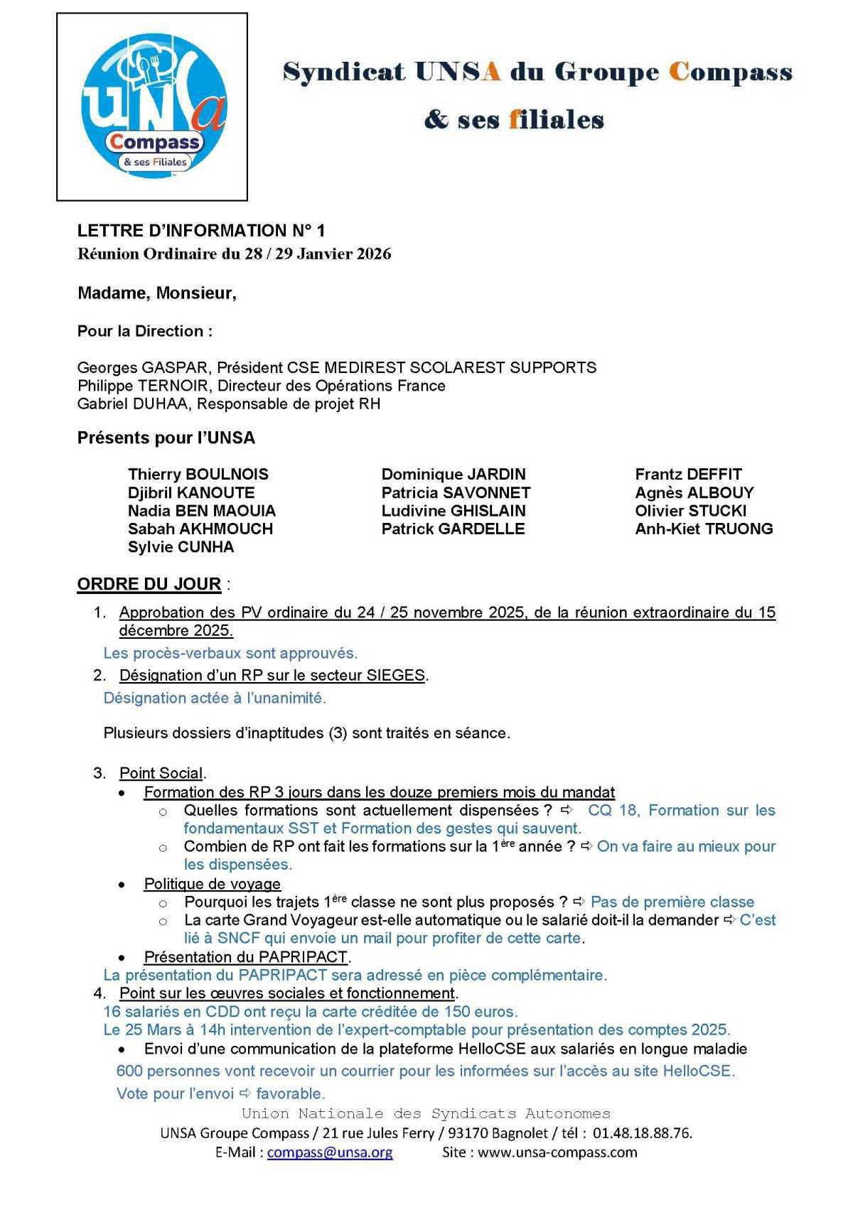 LETTRE D'informations du 28/29 Janvier 2026 CSE Médirest/Scolarest