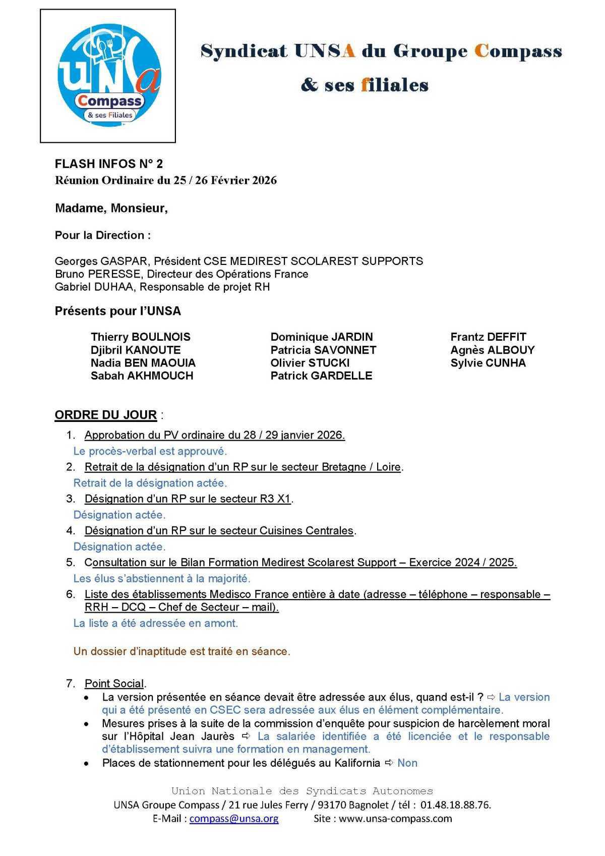 LETTRE D'informations du 25/26 Fevrier 2026 CSE Médirest/Scolarest