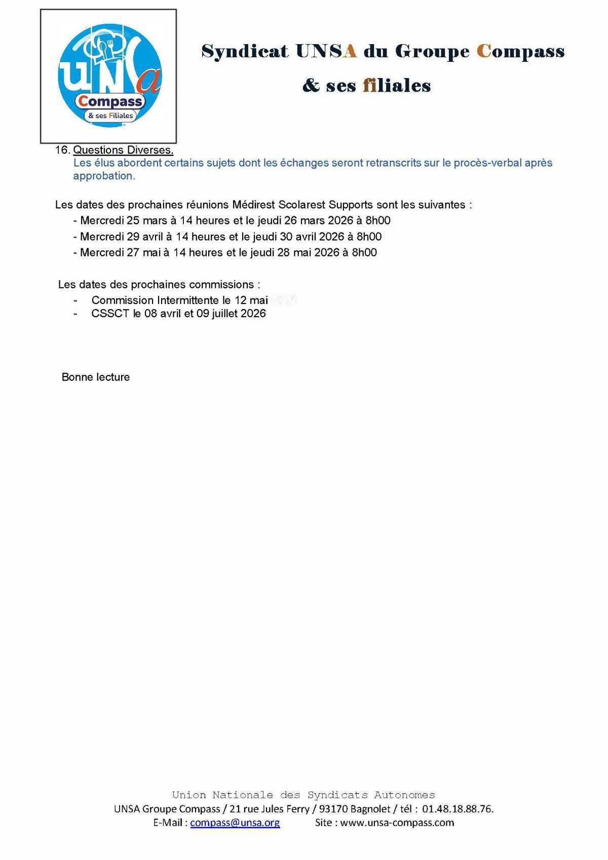 LETTRE D'informations du 25/26 Fevrier 2026 CSE Médirest/Scolarest