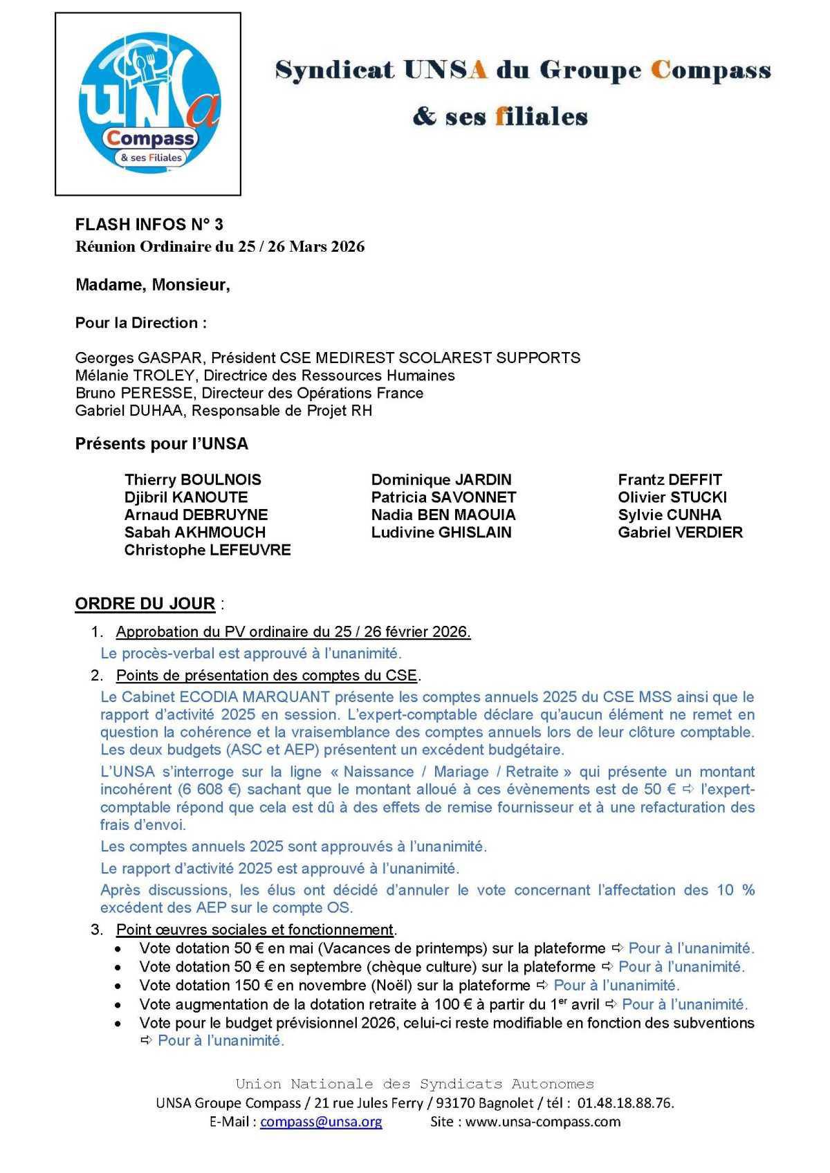 LETTRE D'informations du 25/26 Mars 2026 CSE Médirest/Scolarest