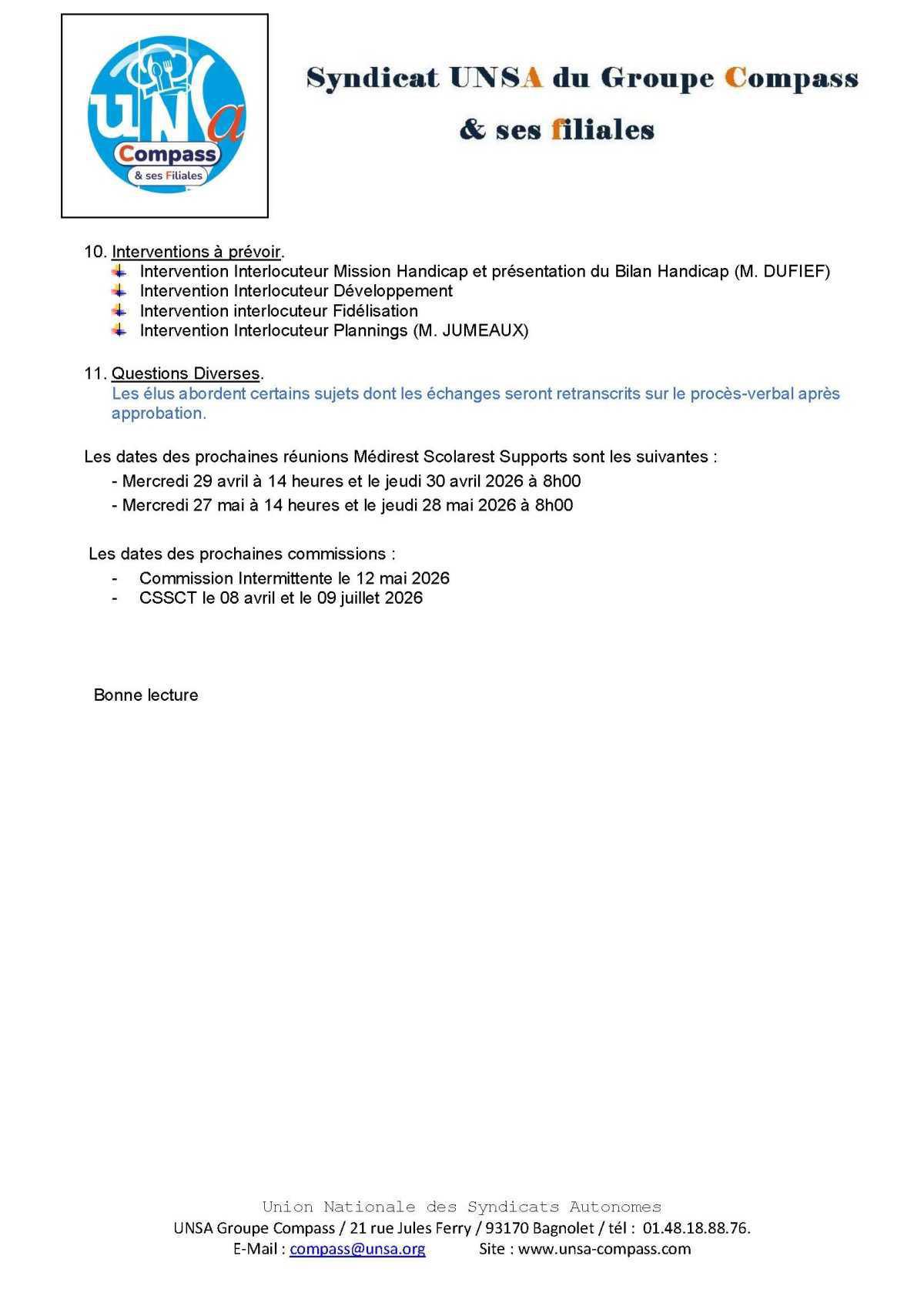 LETTRE D'informations du 25/26 Mars 2026 CSE Médirest/Scolarest