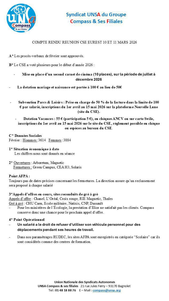 Compte rendu des CSE-E des 10 et 11 Mars 2026
