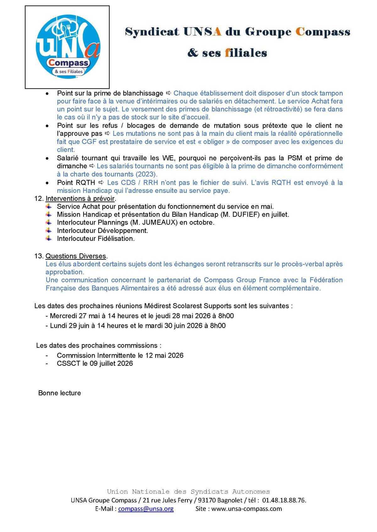 LETTRE D'informations du 29/30 Avril 2026 CSE Médirest/Scolarest