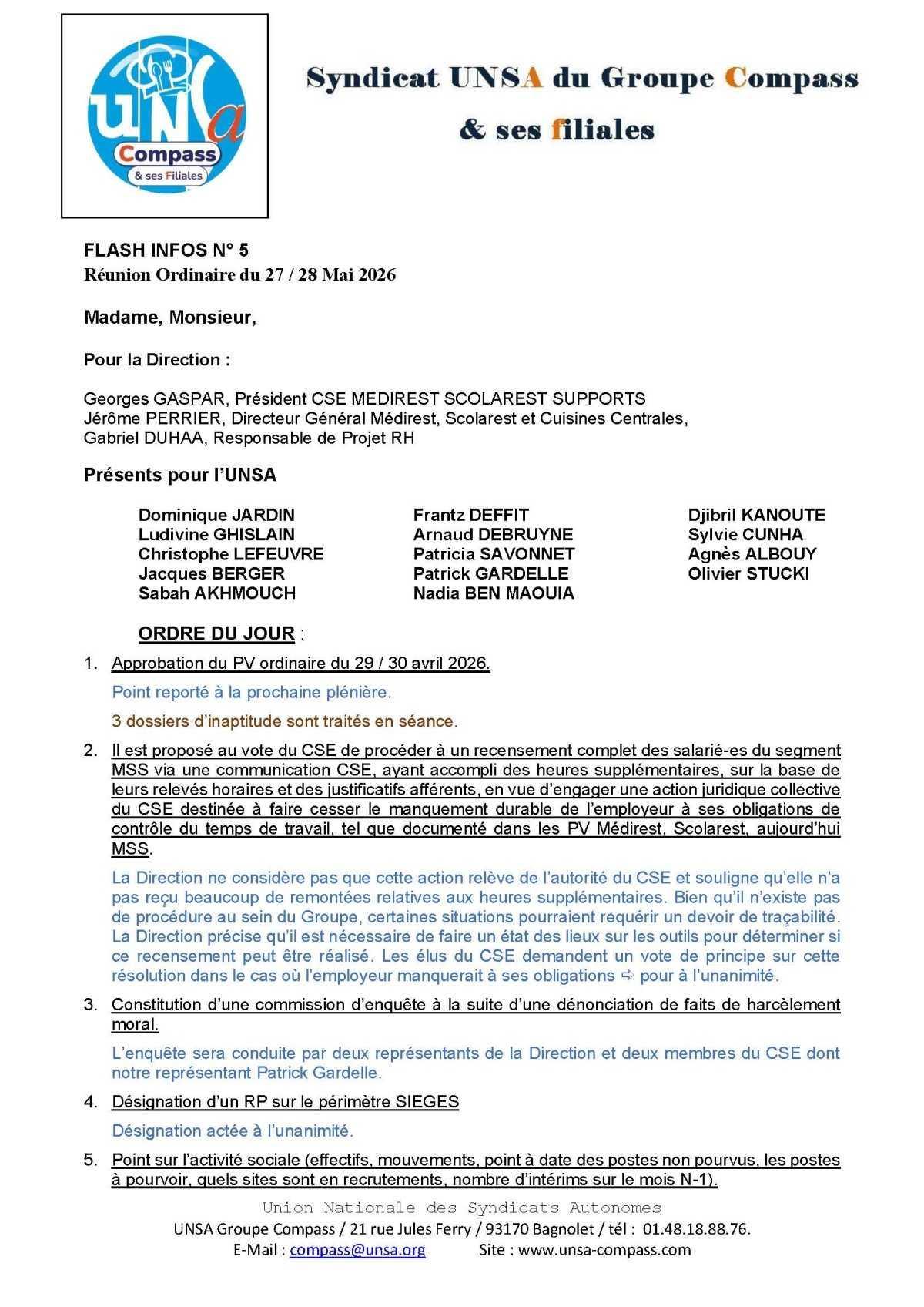 LETTRE D'informations du 27/28 Mai 2026 CSE Médirest/Scolarest