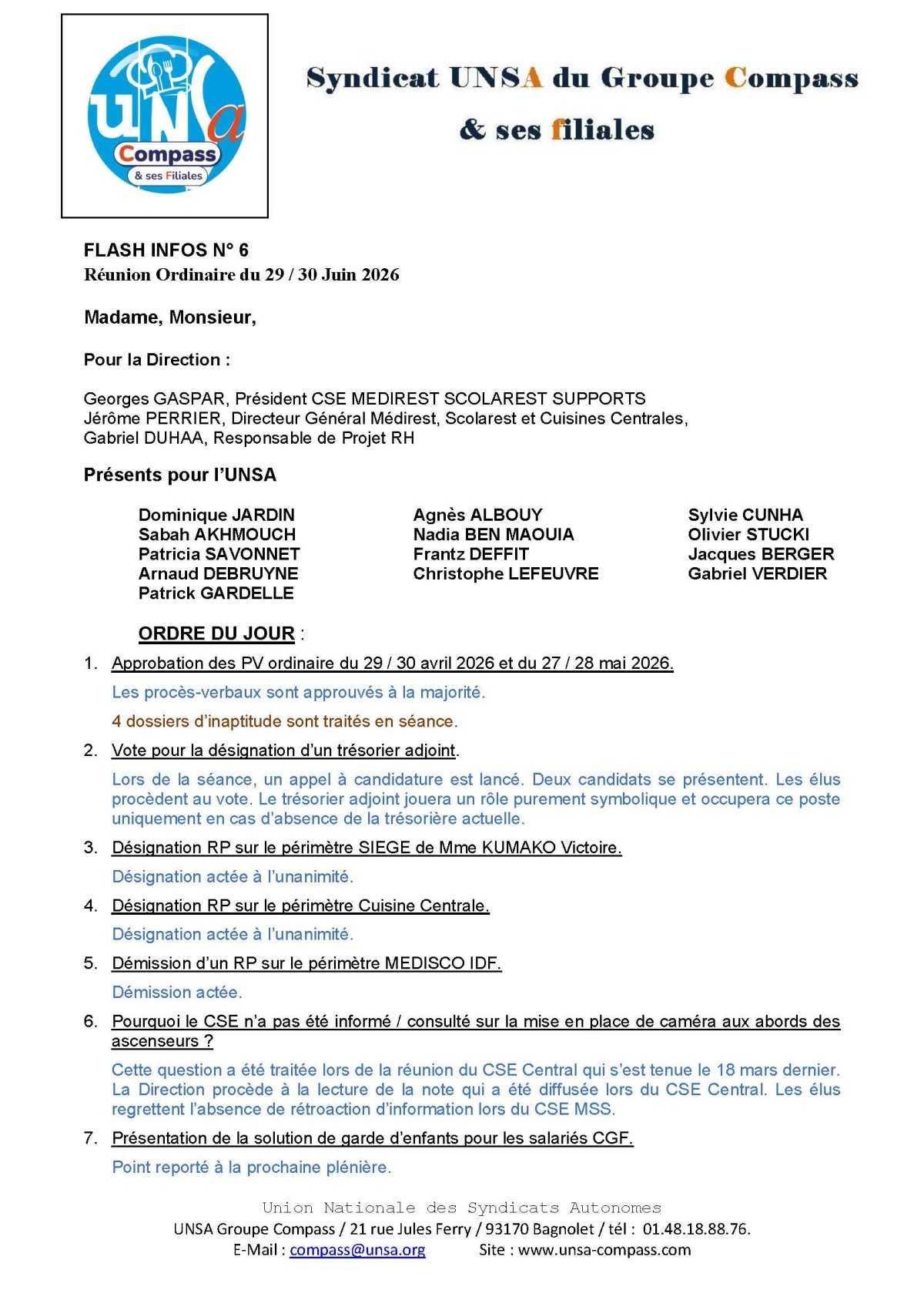 LETTRE D'informations du 29/30 Juin 2026 CSE Médirest/Scolarest