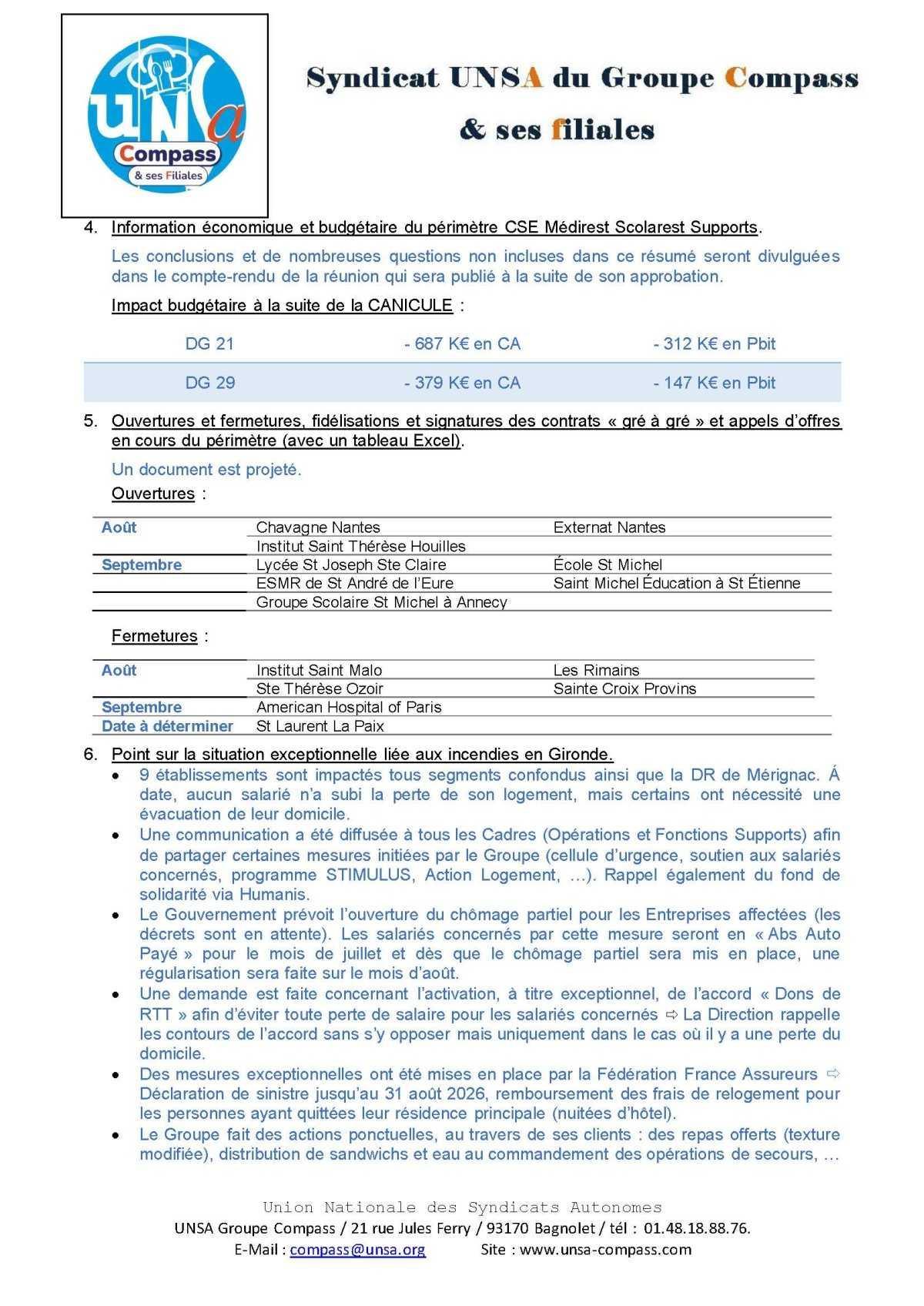 LETTRE D'informations du 29/30 Juillet 2026 CSE Médirest/Scolarest