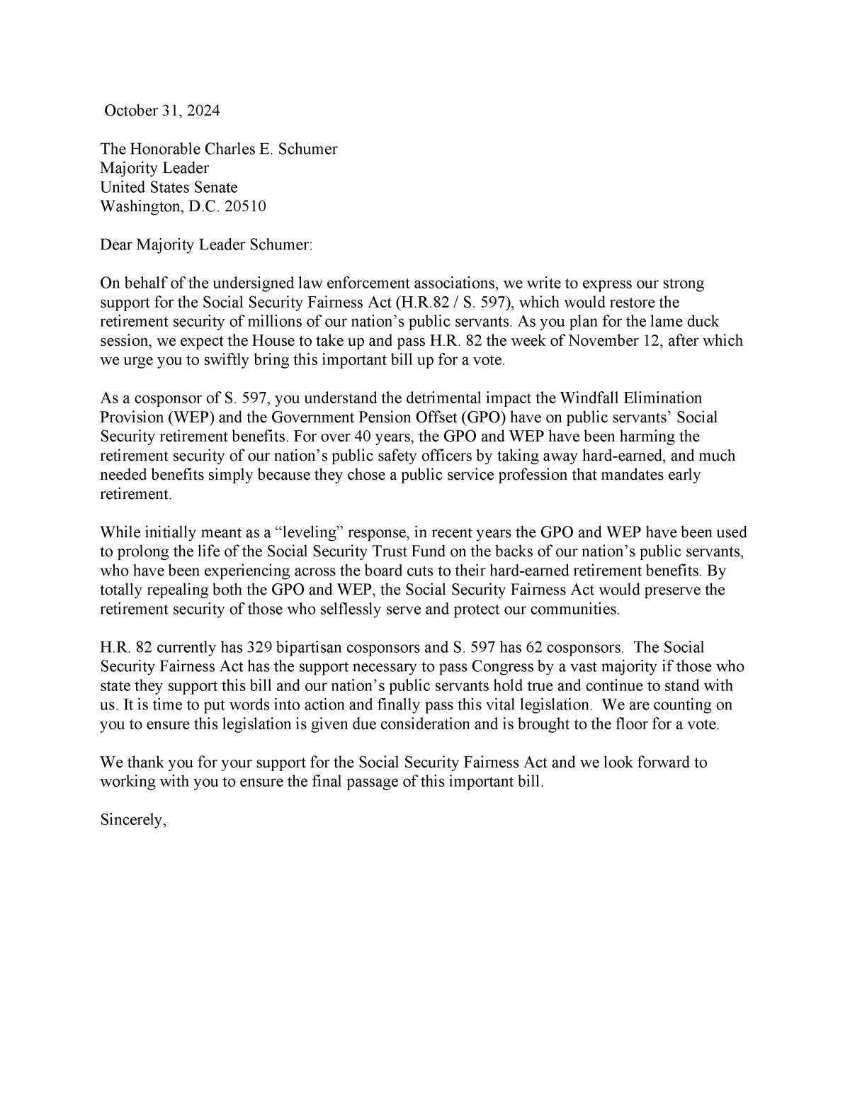 NAPO Letter to Congress about the WEP